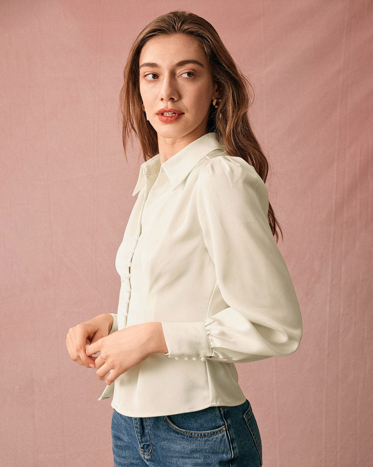 Shewess Düz Yaka Puf Kol Saten Bluz