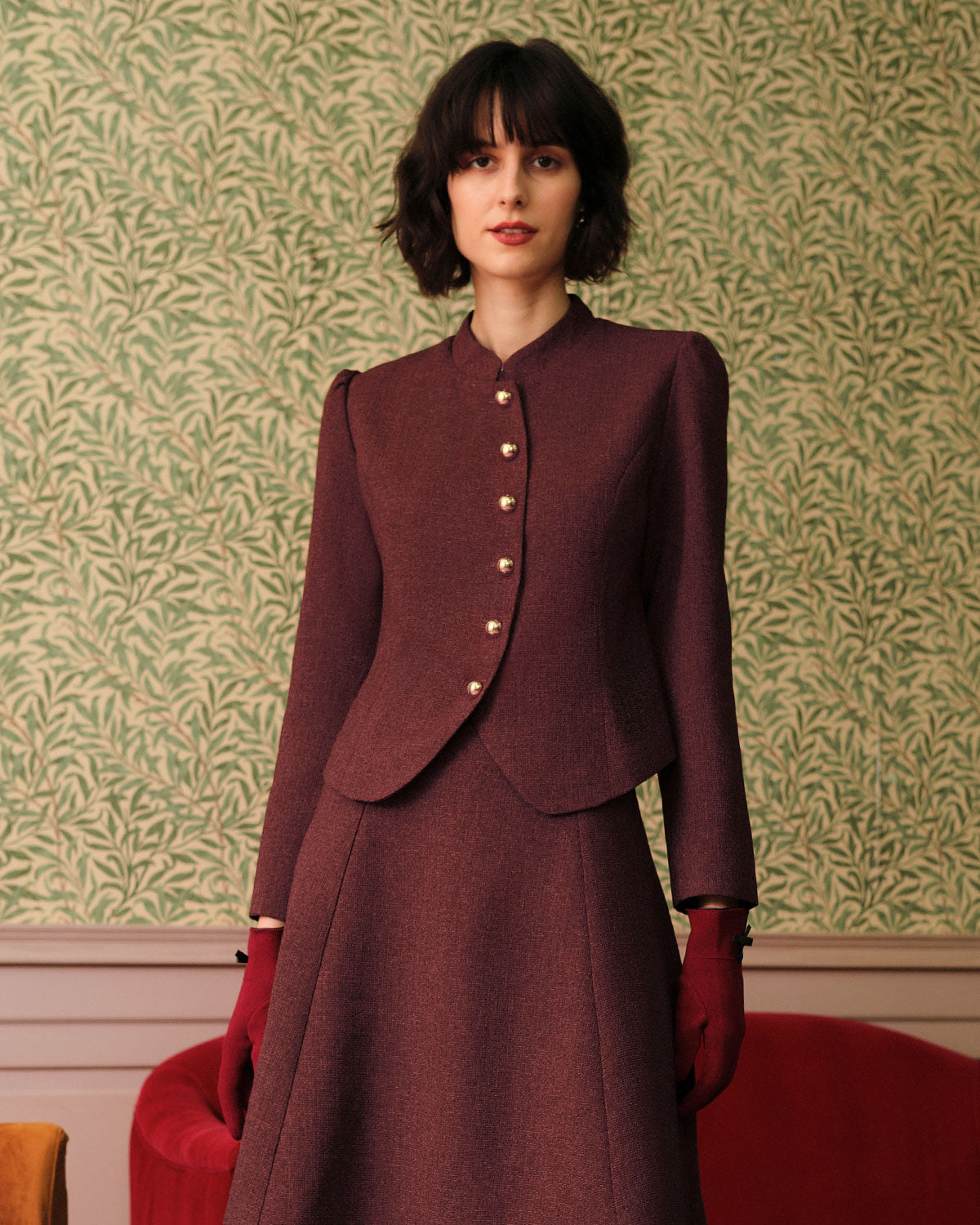Shewess™ Bordo Retro Tek Sıra Düğmeli Tüvit Ceket