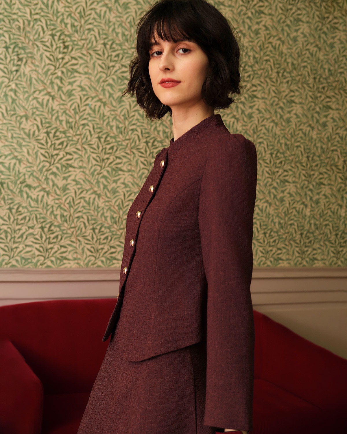 Shewess™ Bordo Retro Tek Sıra Düğmeli Tüvit Ceket