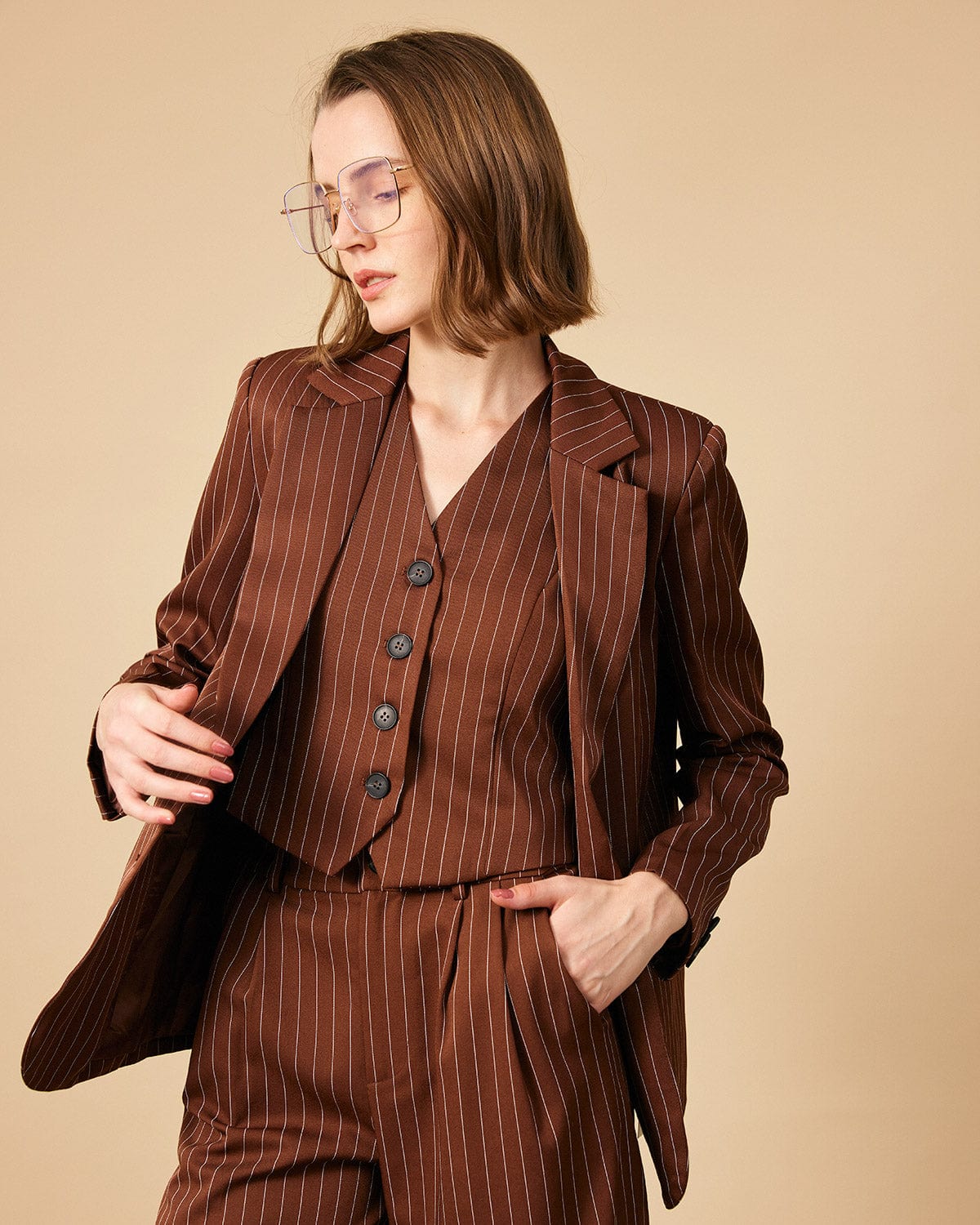 Shewess™ Kahverengi Çizgili Tek Düğme Yakalı Blazer