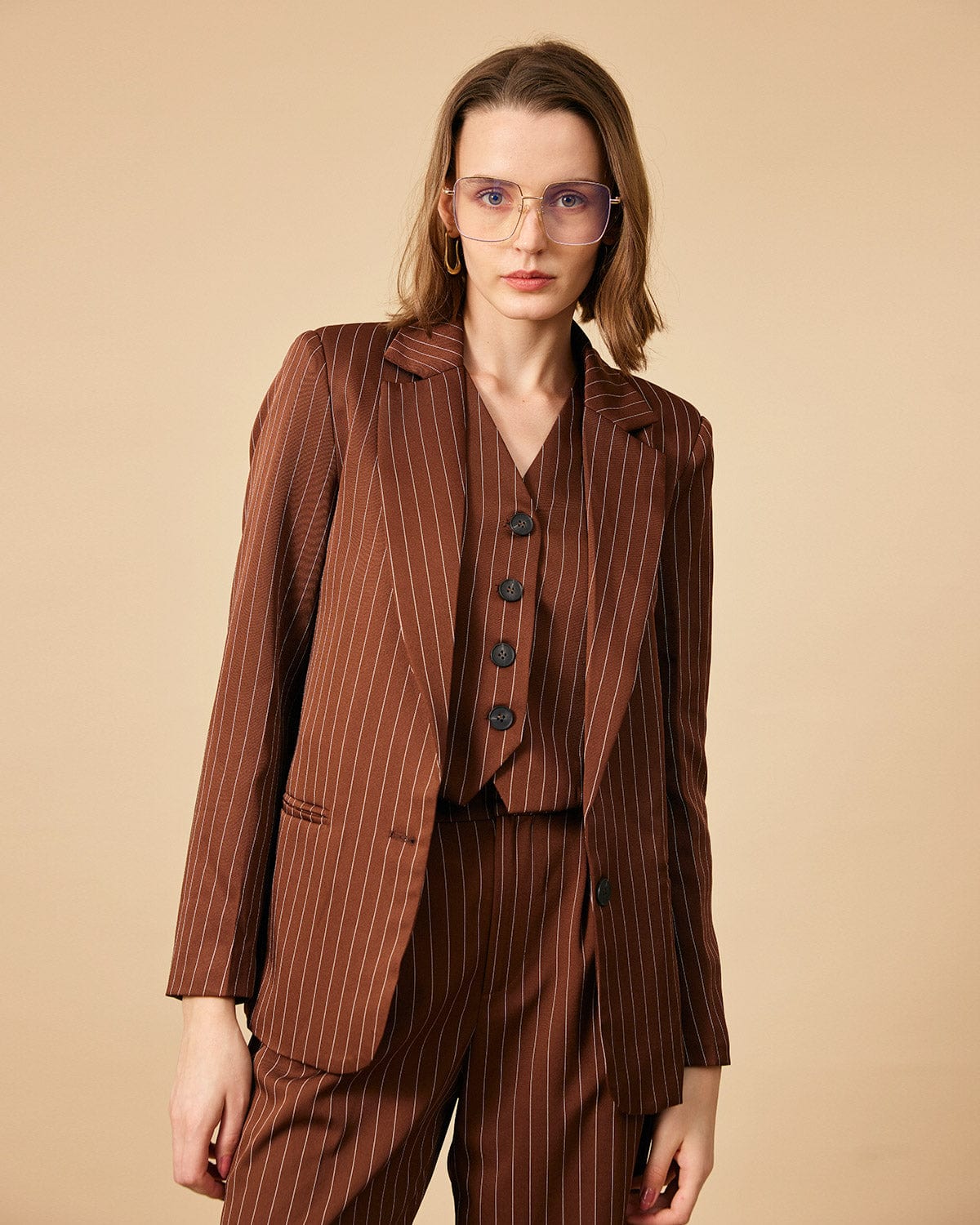 Shewess™ Kahverengi Çizgili Tek Düğme Yakalı Blazer