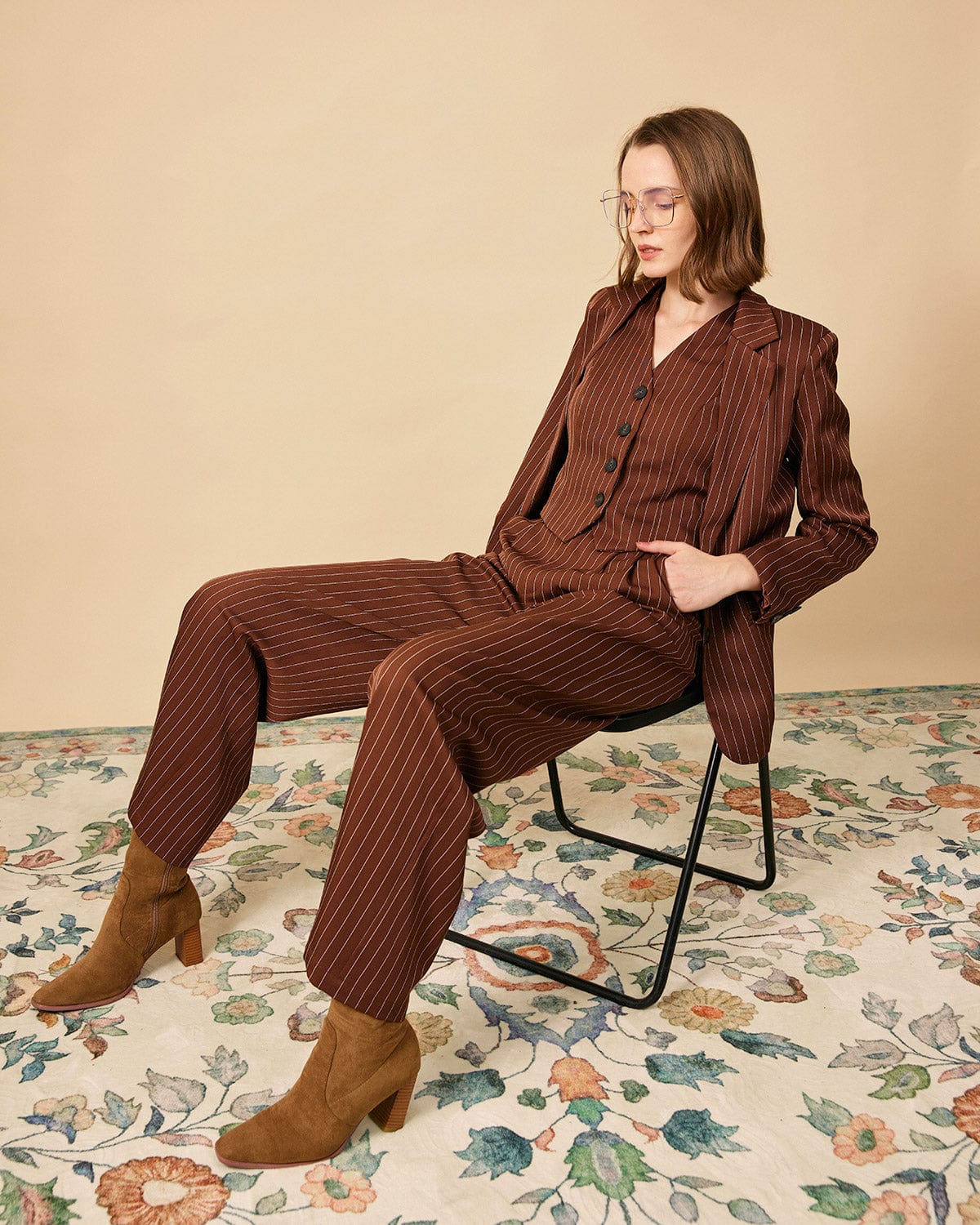 Shewess™ Kahverengi Çizgili Tek Düğme Yakalı Blazer