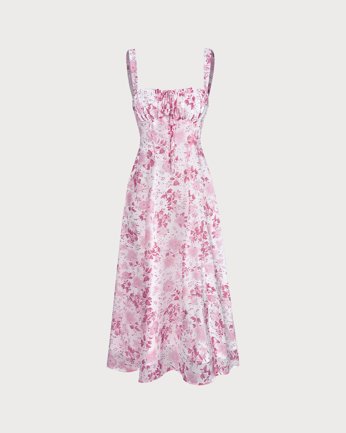 Shewess™ Pembe Kare Yaka Çiçek Dantelli Midi Elbise