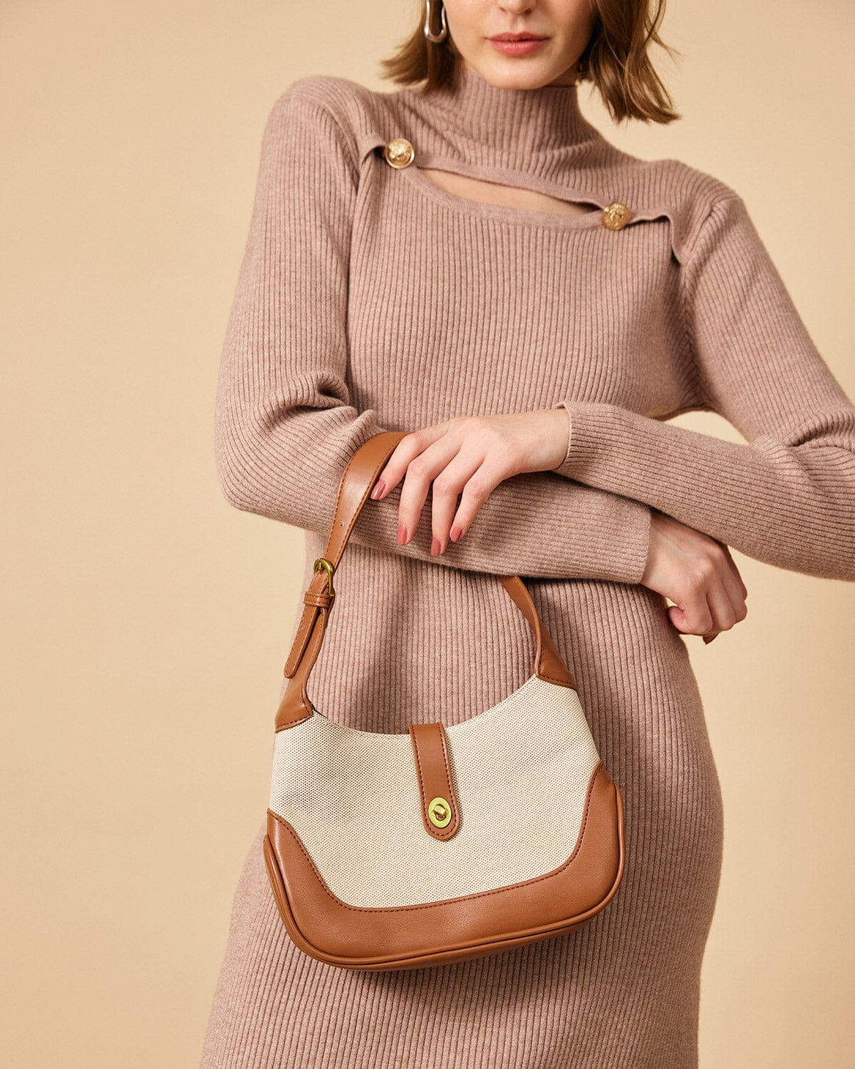 Shewess™ Renk Bloklu Çevirmeli Kilitli Hobo Çanta