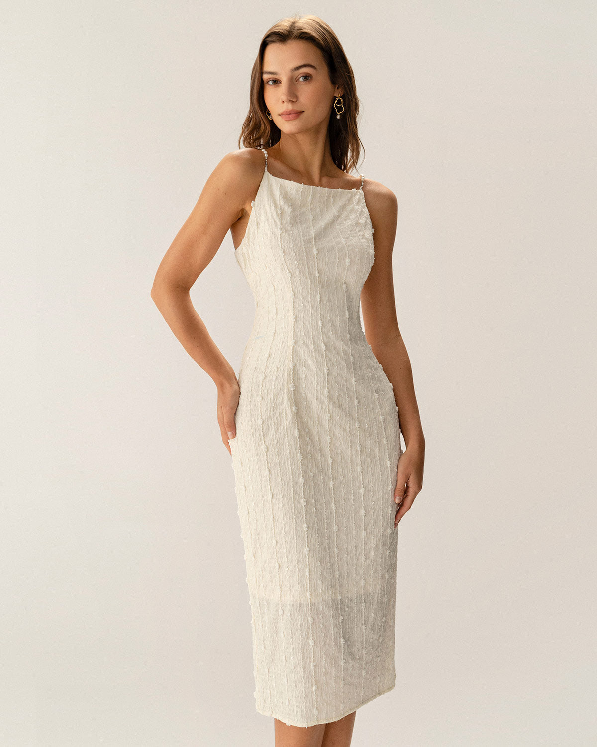 Shewess Bej Dokulu Boncuklu Slip Midi Elbise
