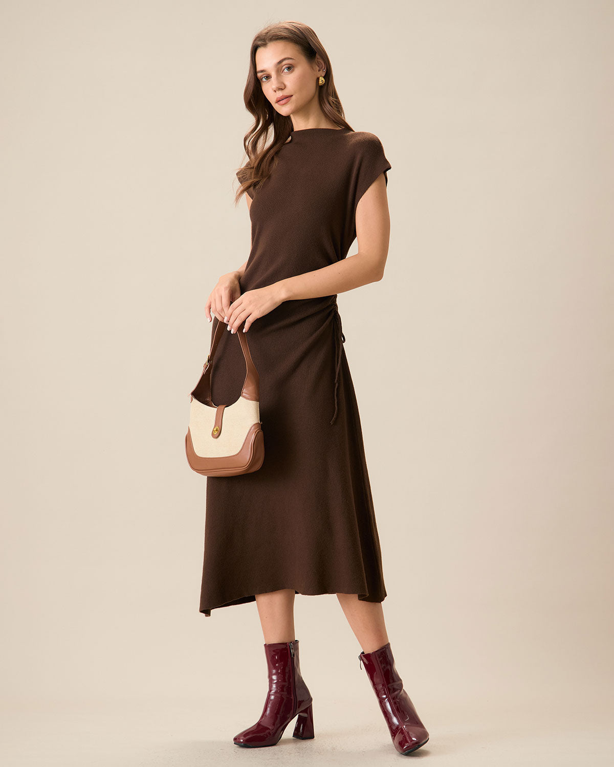 Shewess™ Kadın Kahve Bodycon Çift Taraflı Triko Elbise