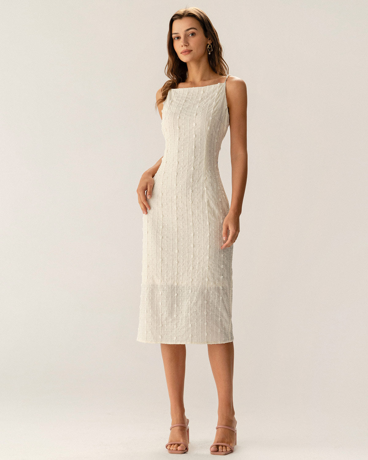 Shewess Bej Dokulu Boncuklu Slip Midi Elbise