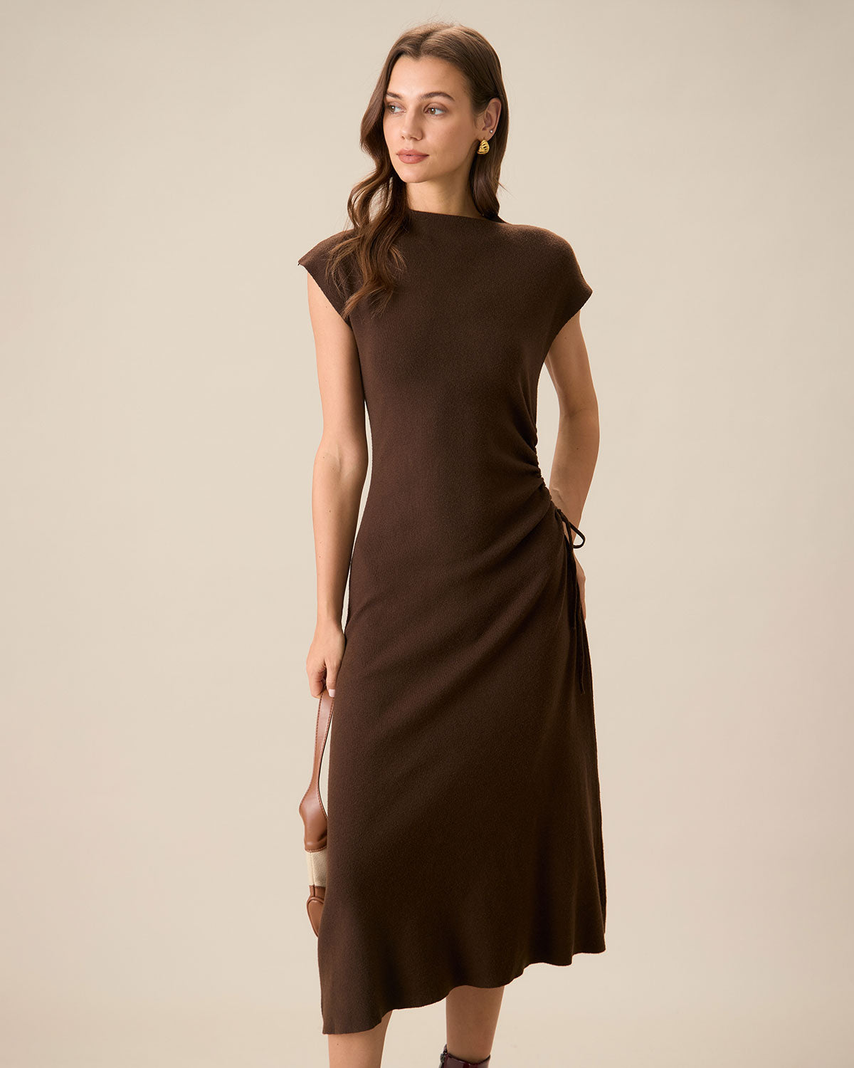 Shewess™ Kadın Kahve Bodycon Çift Taraflı Triko Elbise