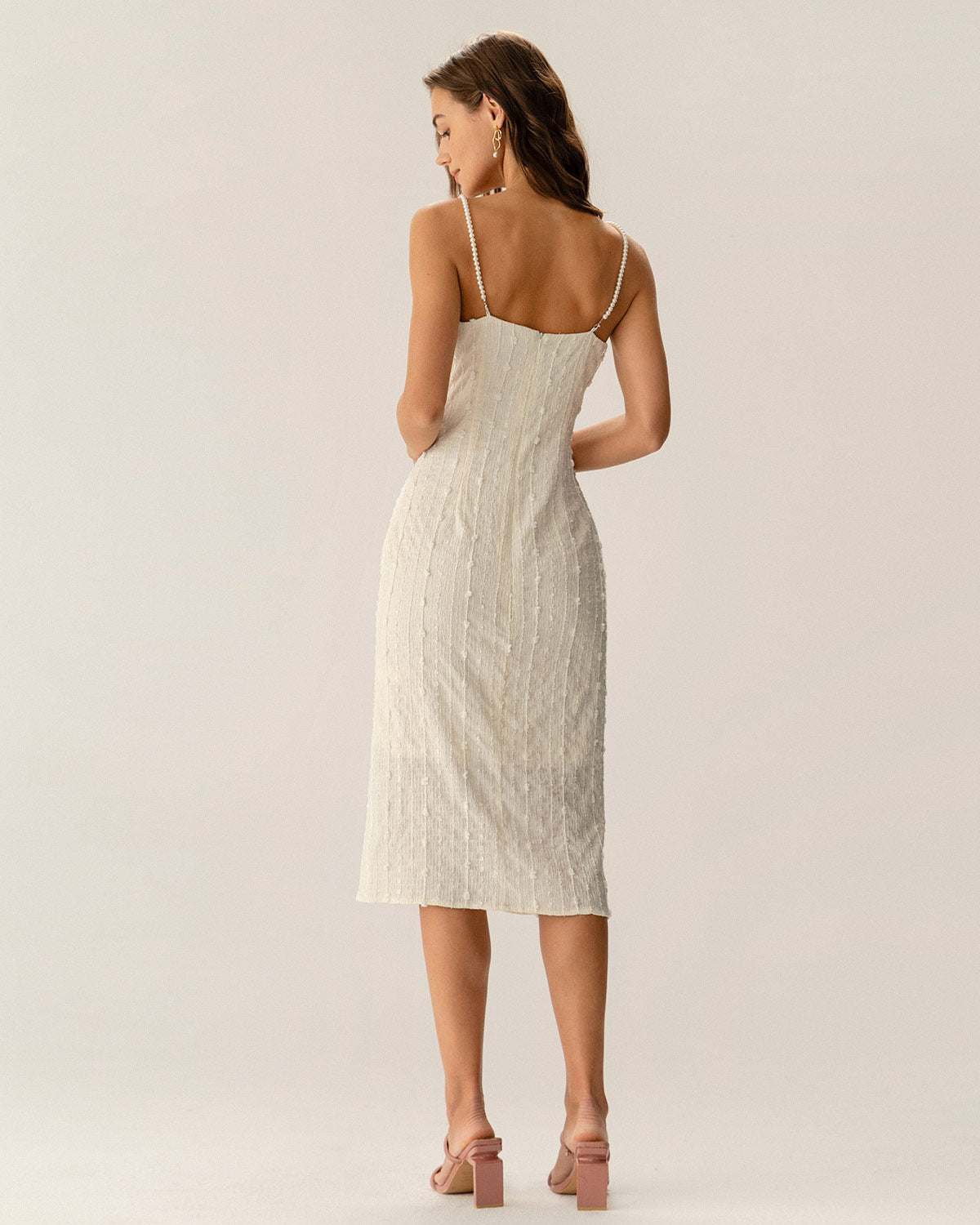 Shewess Bej Dokulu Boncuklu Slip Midi Elbise