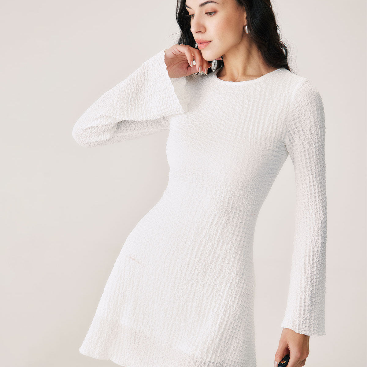 Shewess™ Beyaz Dantelli Zil Kol Mini Elbise