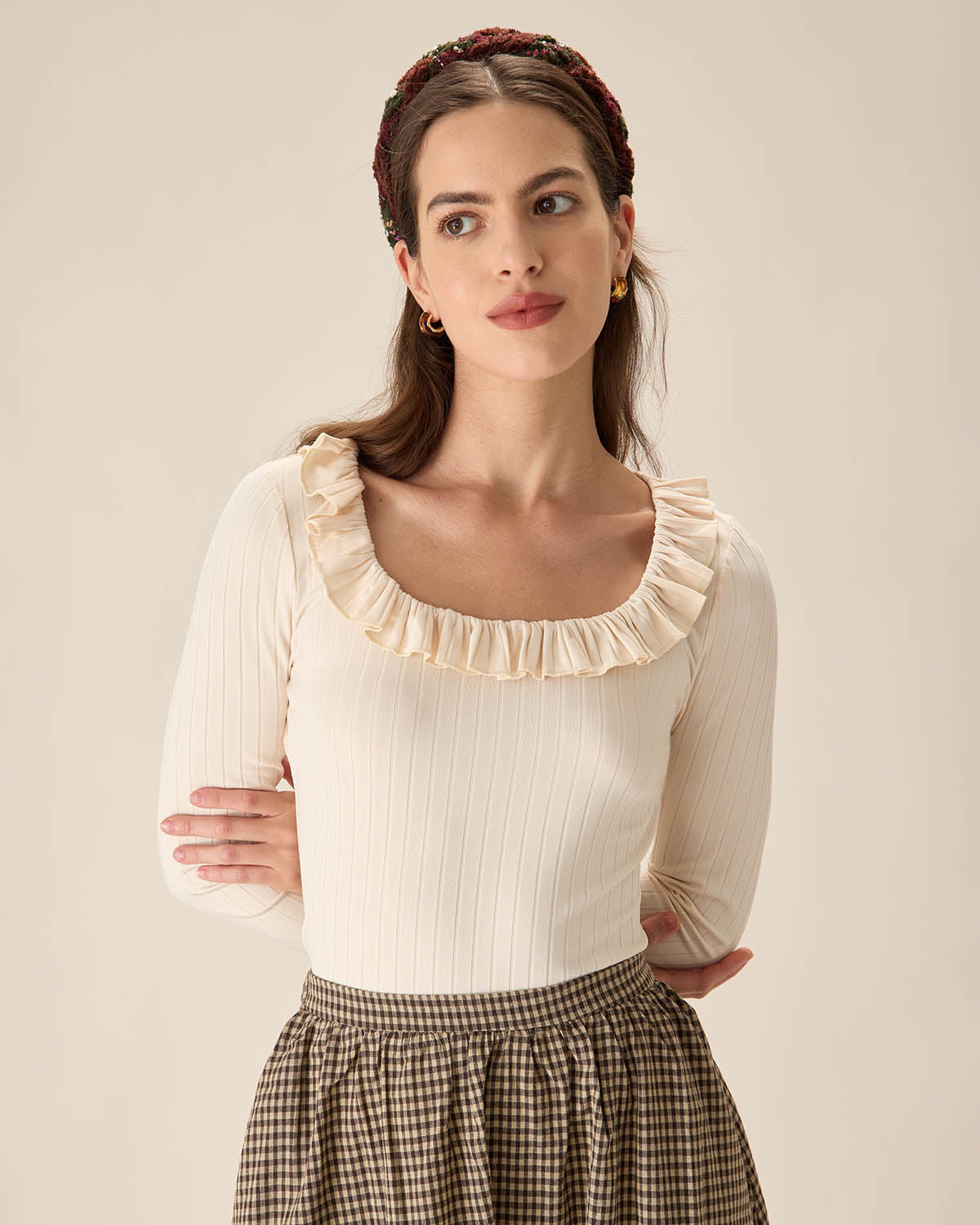 Shewess™ Bej Fırfırlı Slim Tişört