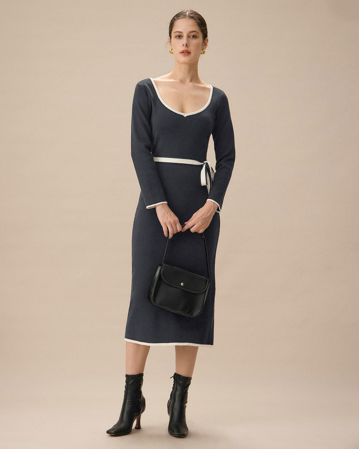 Shewess™ Gri Kontrast Kravatlı Bodycon Kazak Elbise