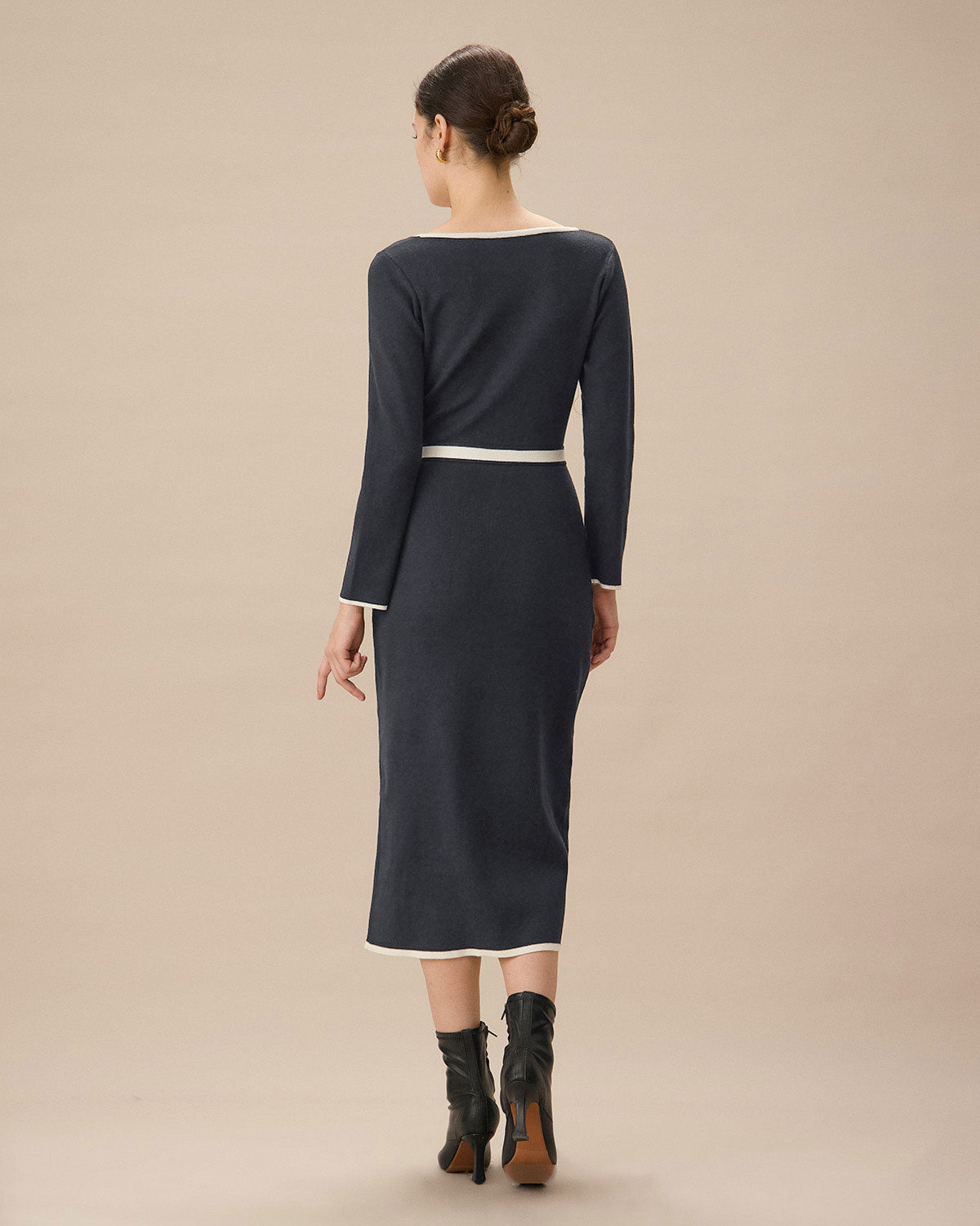 Shewess™ Gri Kontrast Kravatlı Bodycon Kazak Elbise