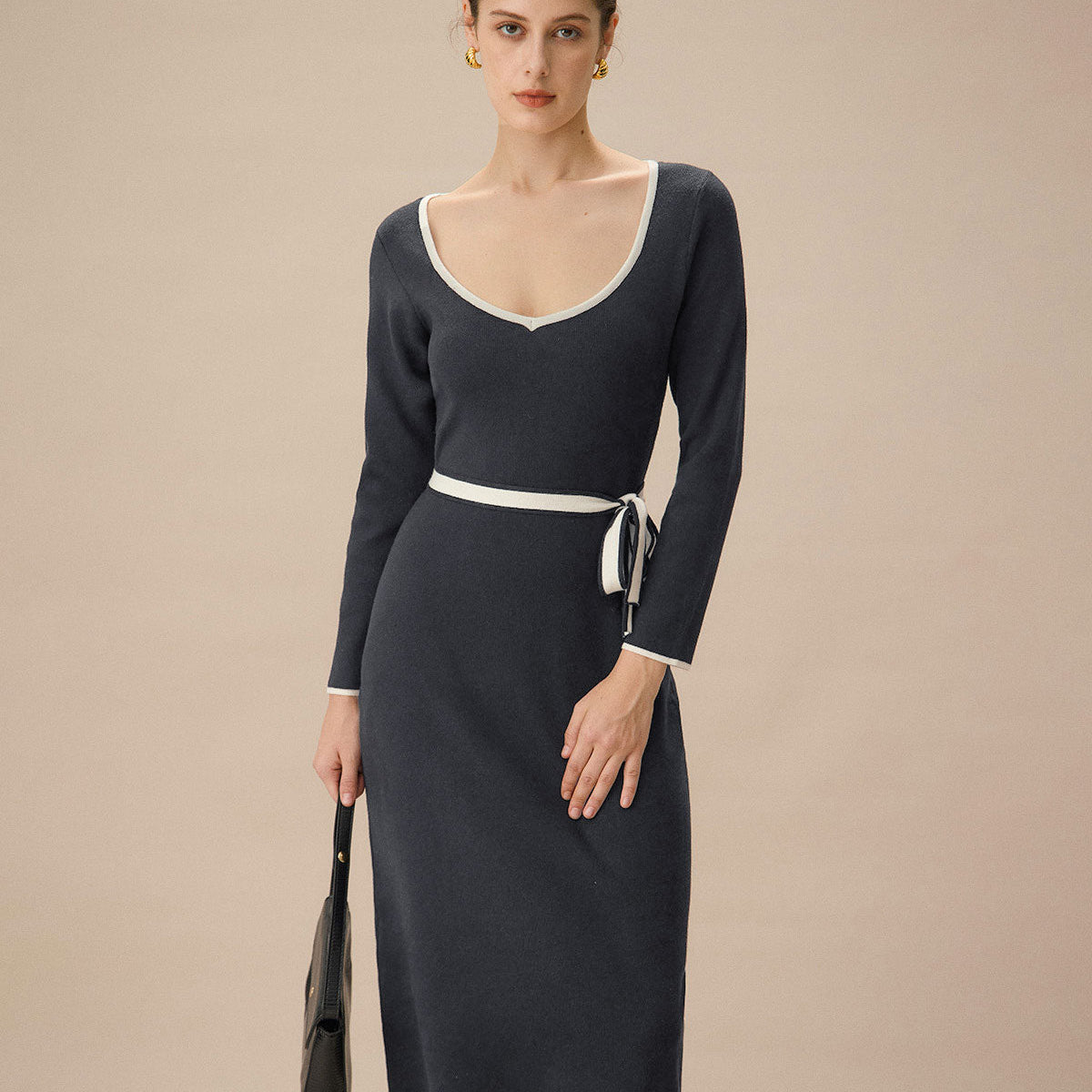 Shewess™ Gri Kontrast Kravatlı Bodycon Kazak Elbise