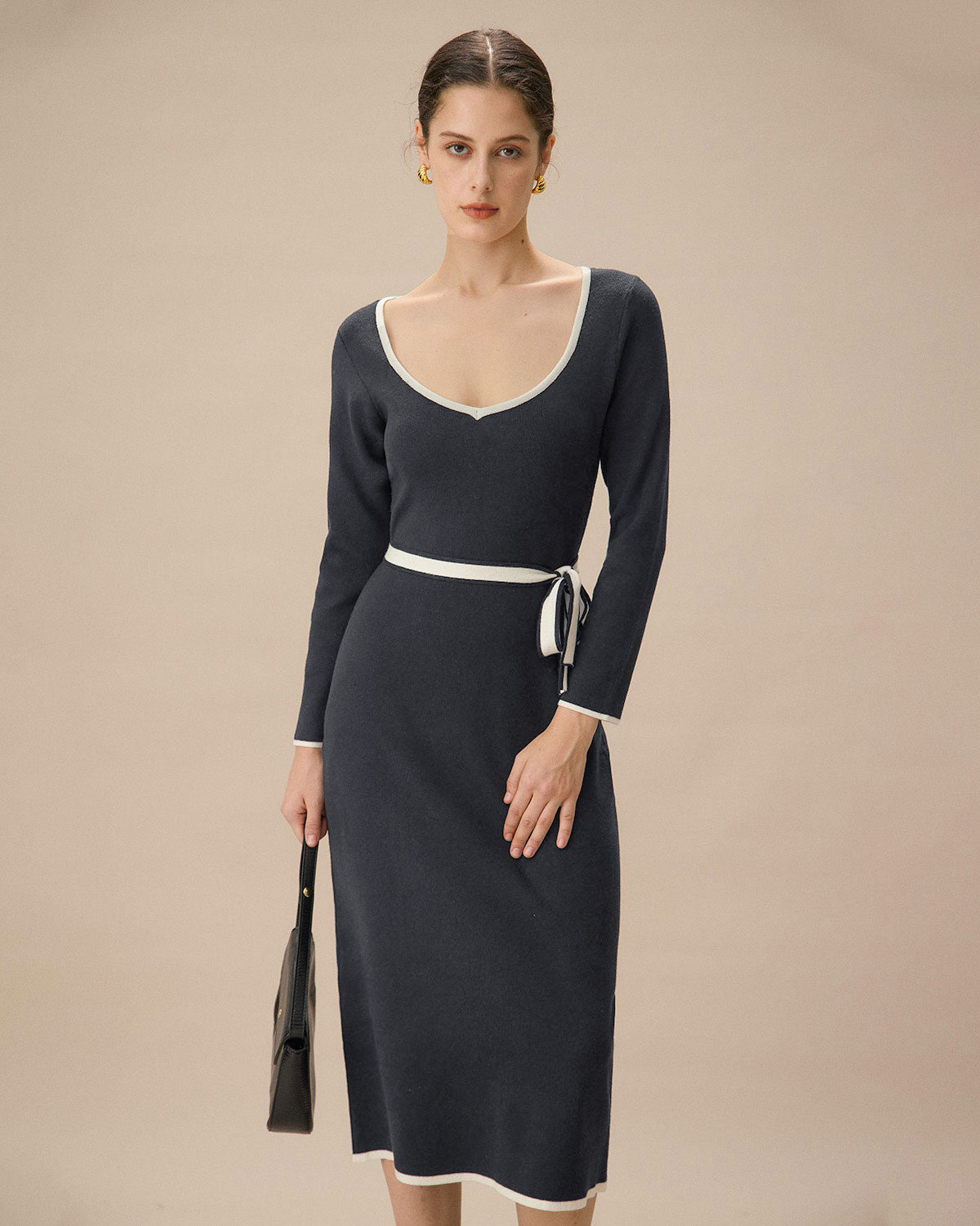 Shewess™ Gri Kontrast Kravatlı Bodycon Kazak Elbise
