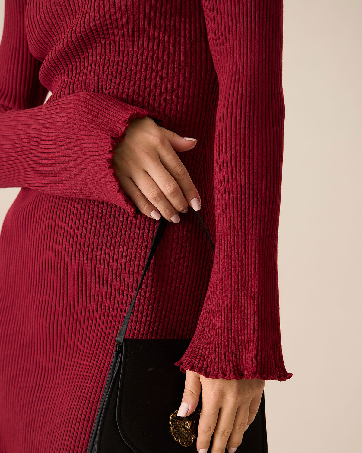 Shewess™ Kadın Kırmızı Zil Kol Bodycon Kazak Elbise