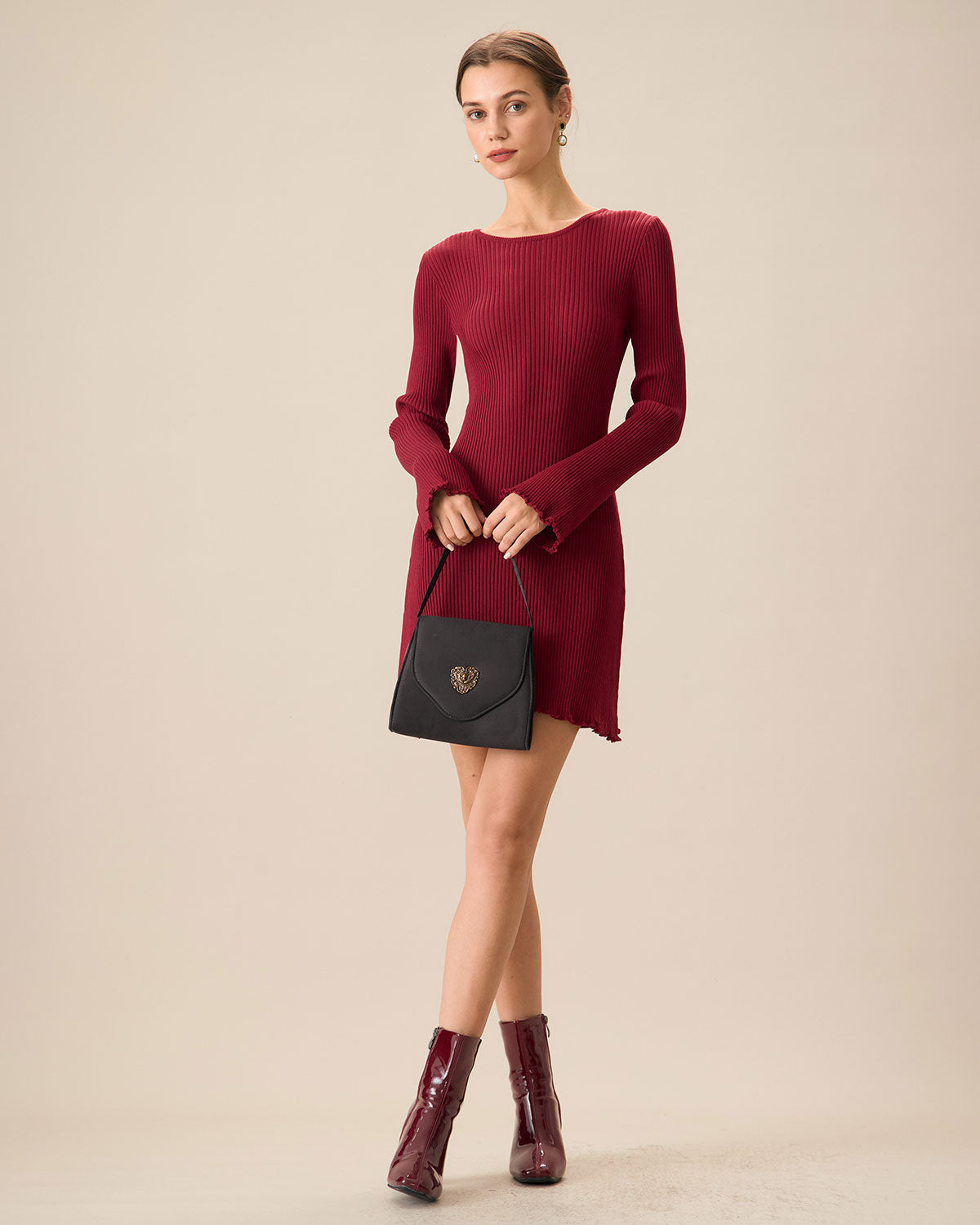 Shewess™ Kadın Kırmızı Zil Kol Bodycon Kazak Elbise