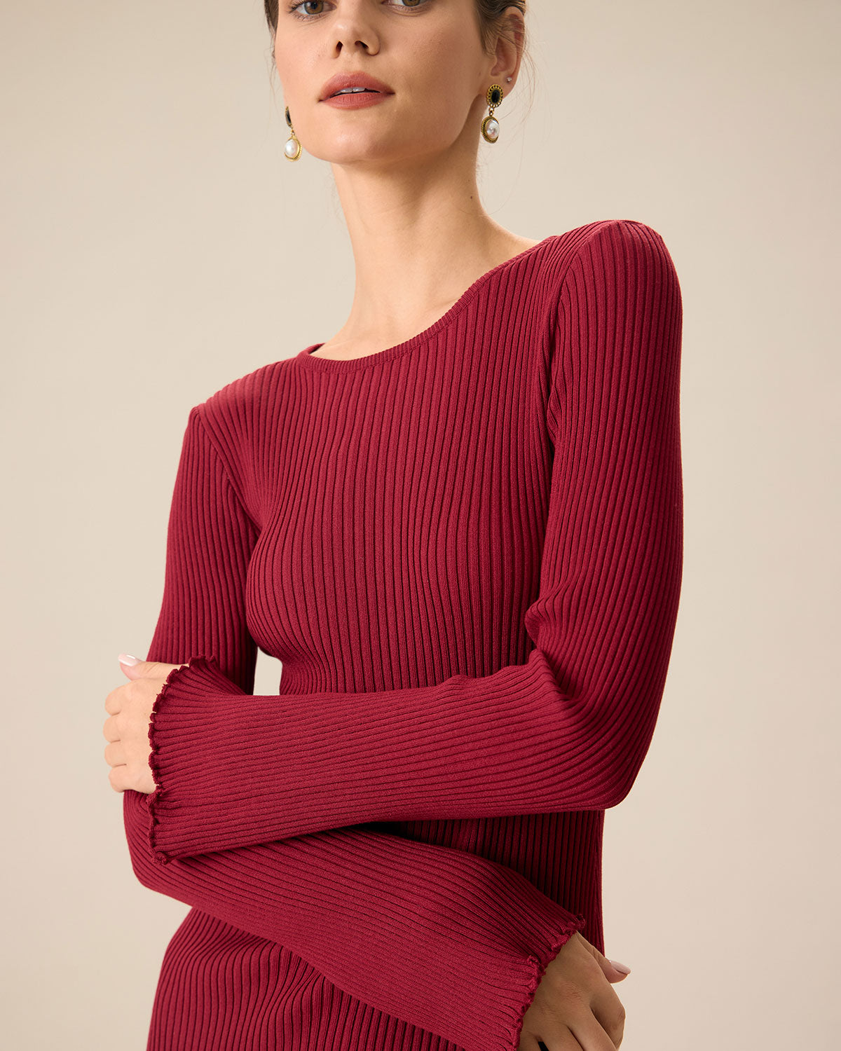 Shewess™ Kadın Kırmızı Zil Kol Bodycon Kazak Elbise
