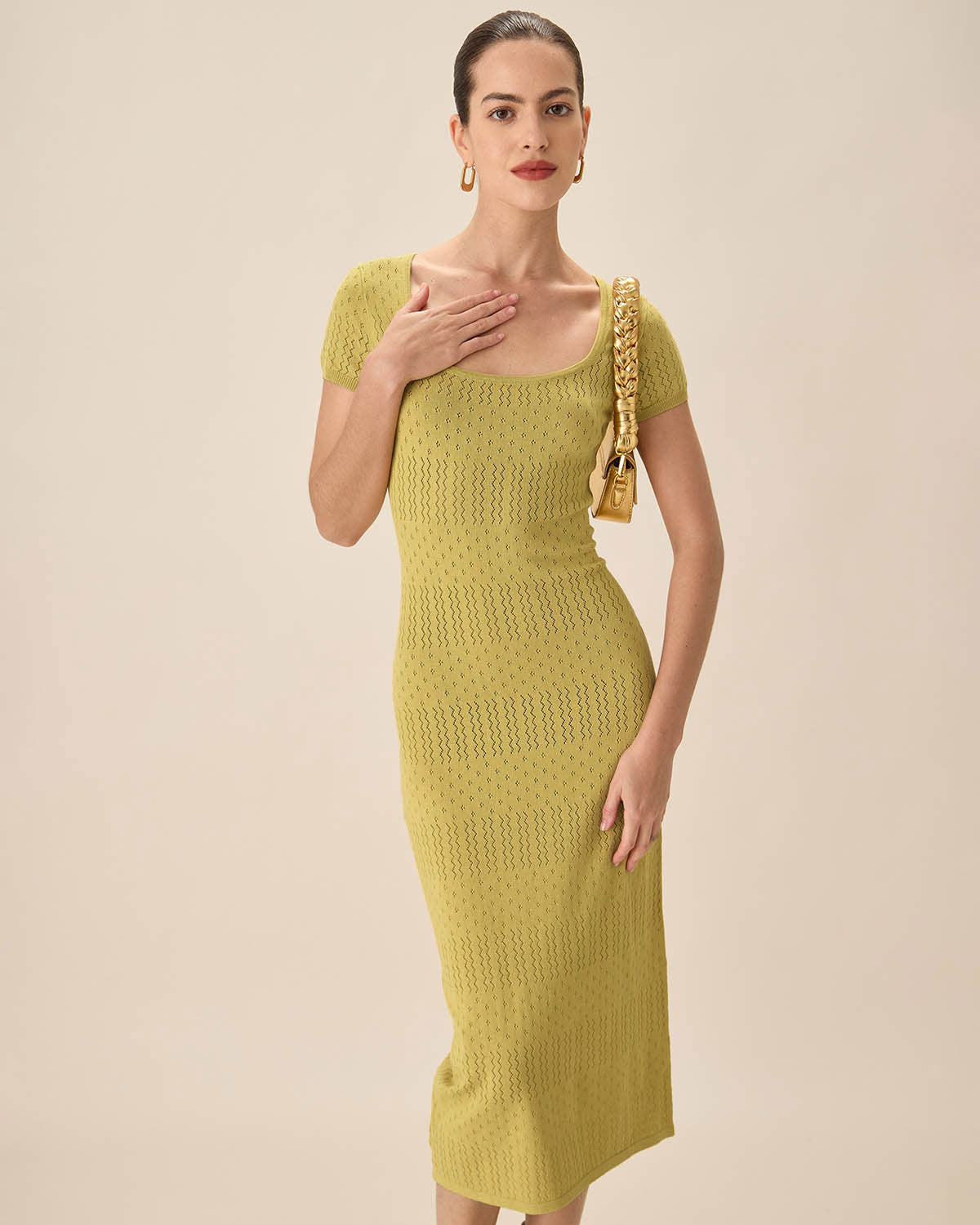 Shewess™ Yeşil Kare Yaka Bodycon Midi Elbise