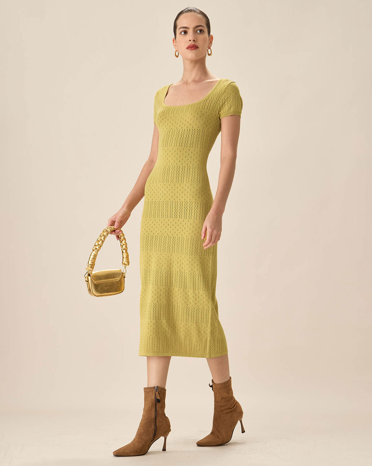 Shewess™ Yeşil Kare Yaka Bodycon Midi Elbise