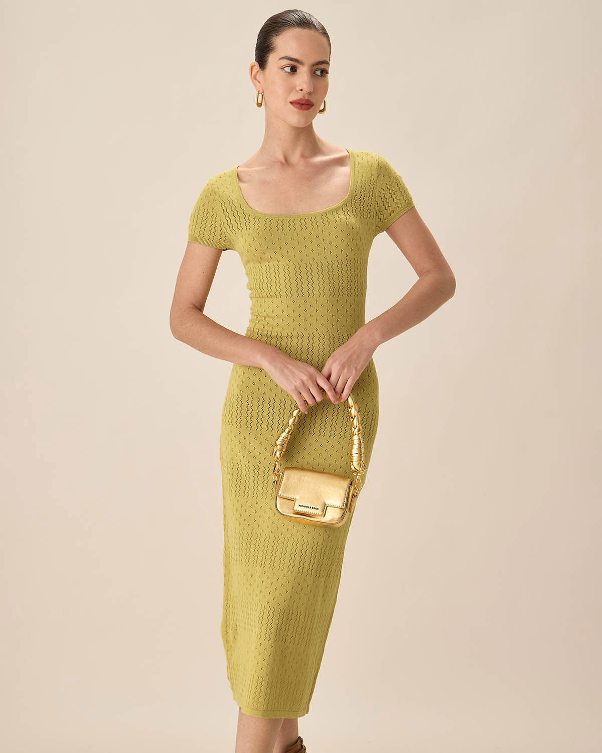 Shewess™ Yeşil Kare Yaka Bodycon Midi Elbise