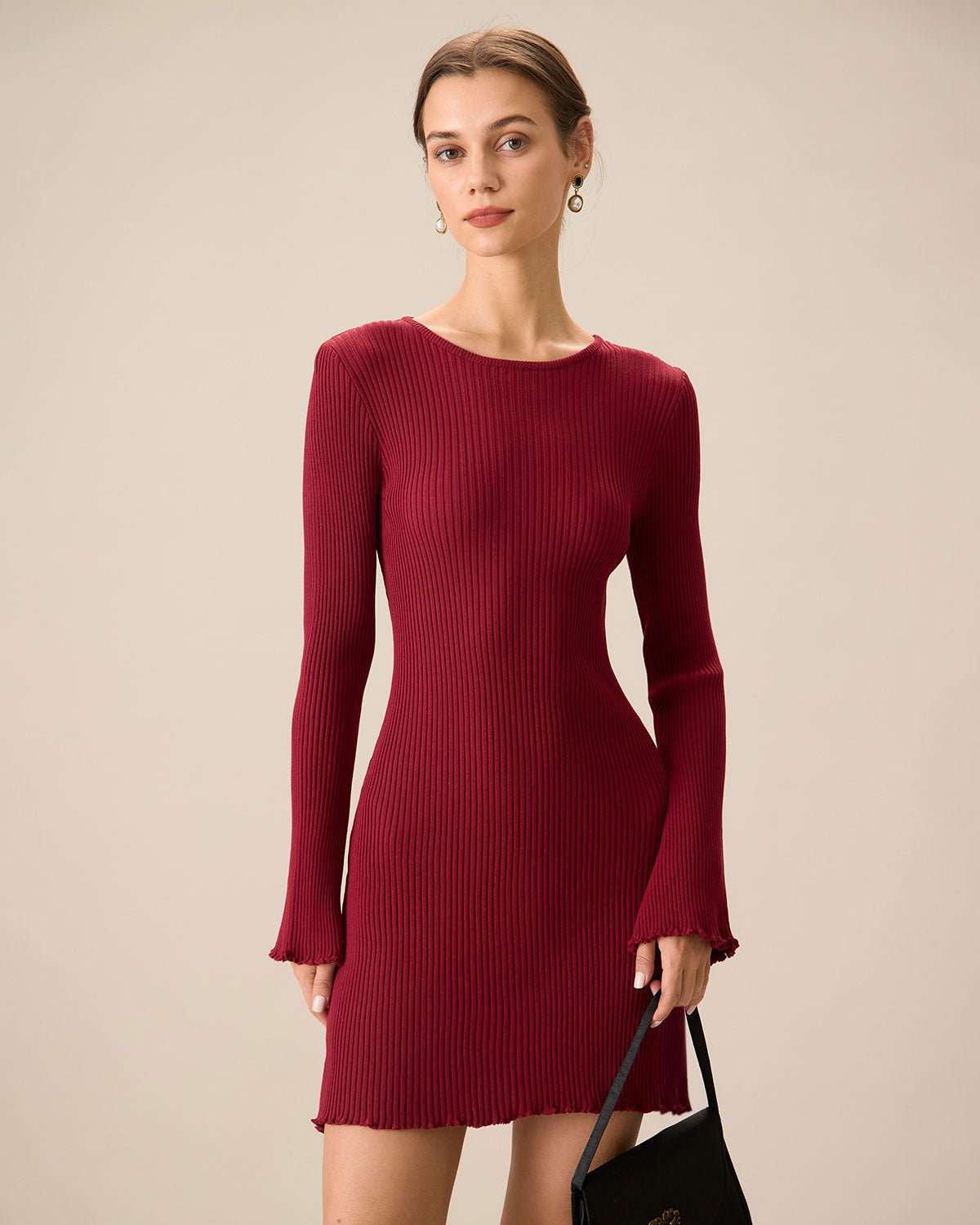 Shewess™ Kadın Kırmızı Zil Kol Bodycon Kazak Elbise