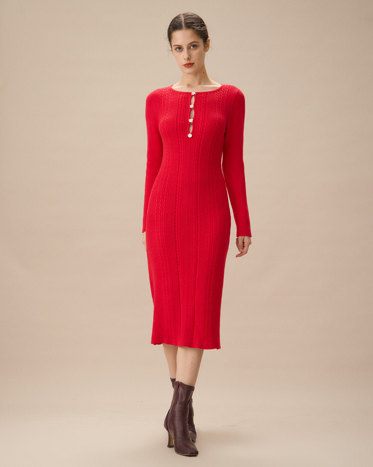 Shewess™ Kırmızı Dekolteli Bodycon Kazak Elbise