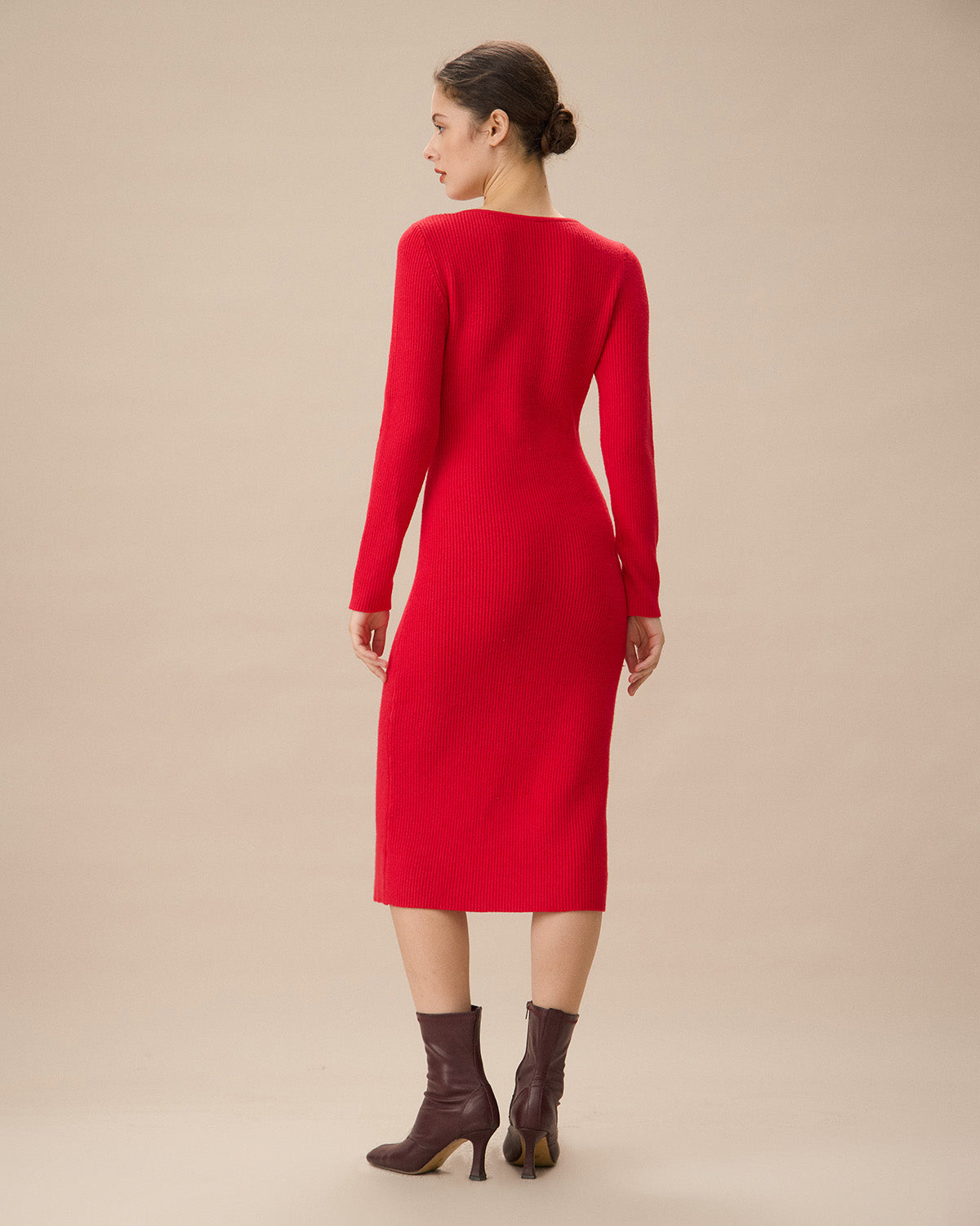 Shewess™ Kırmızı Dekolteli Bodycon Kazak Elbise