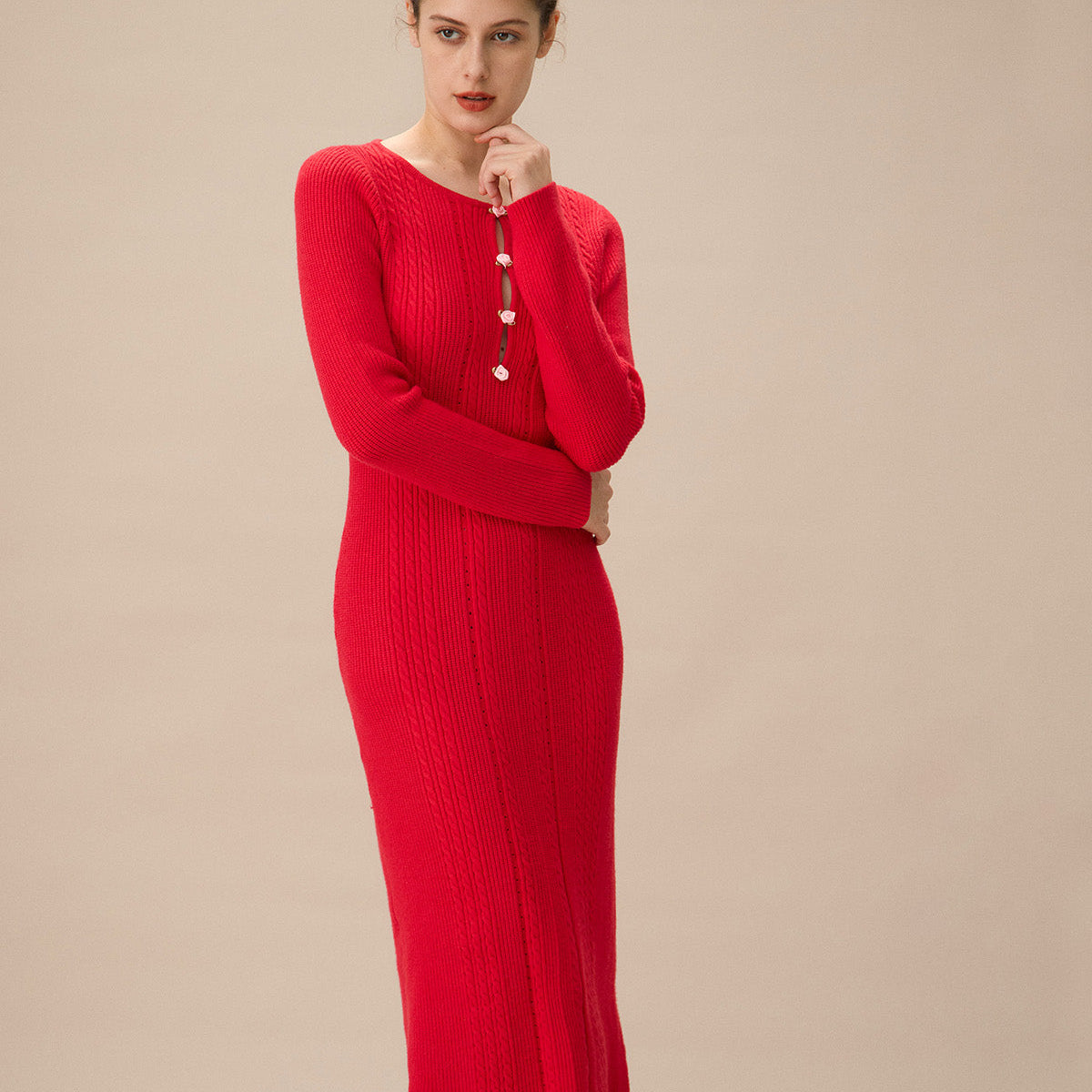 Shewess™ Kırmızı Dekolteli Bodycon Kazak Elbise
