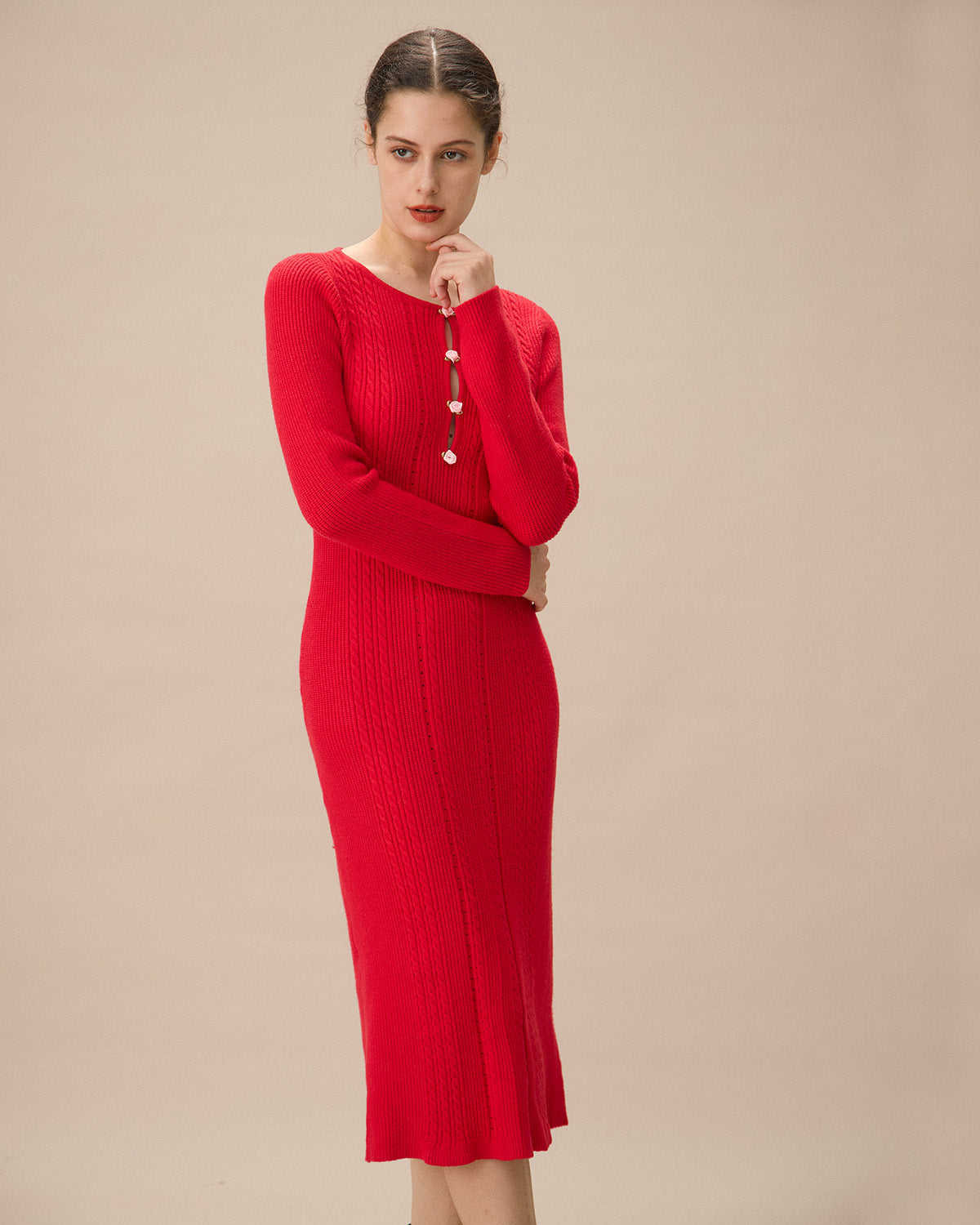 Shewess™ Kırmızı Dekolteli Bodycon Kazak Elbise