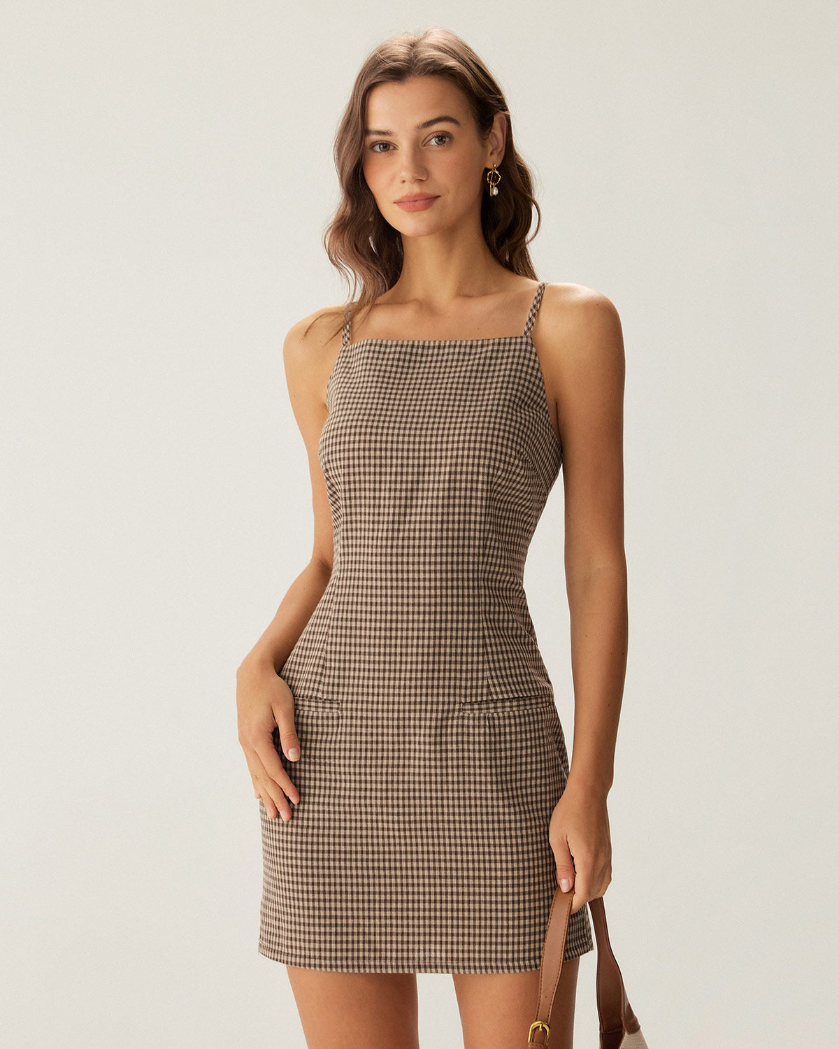 Shewess™ Kahverengi Ekose Slip Mini Elbise