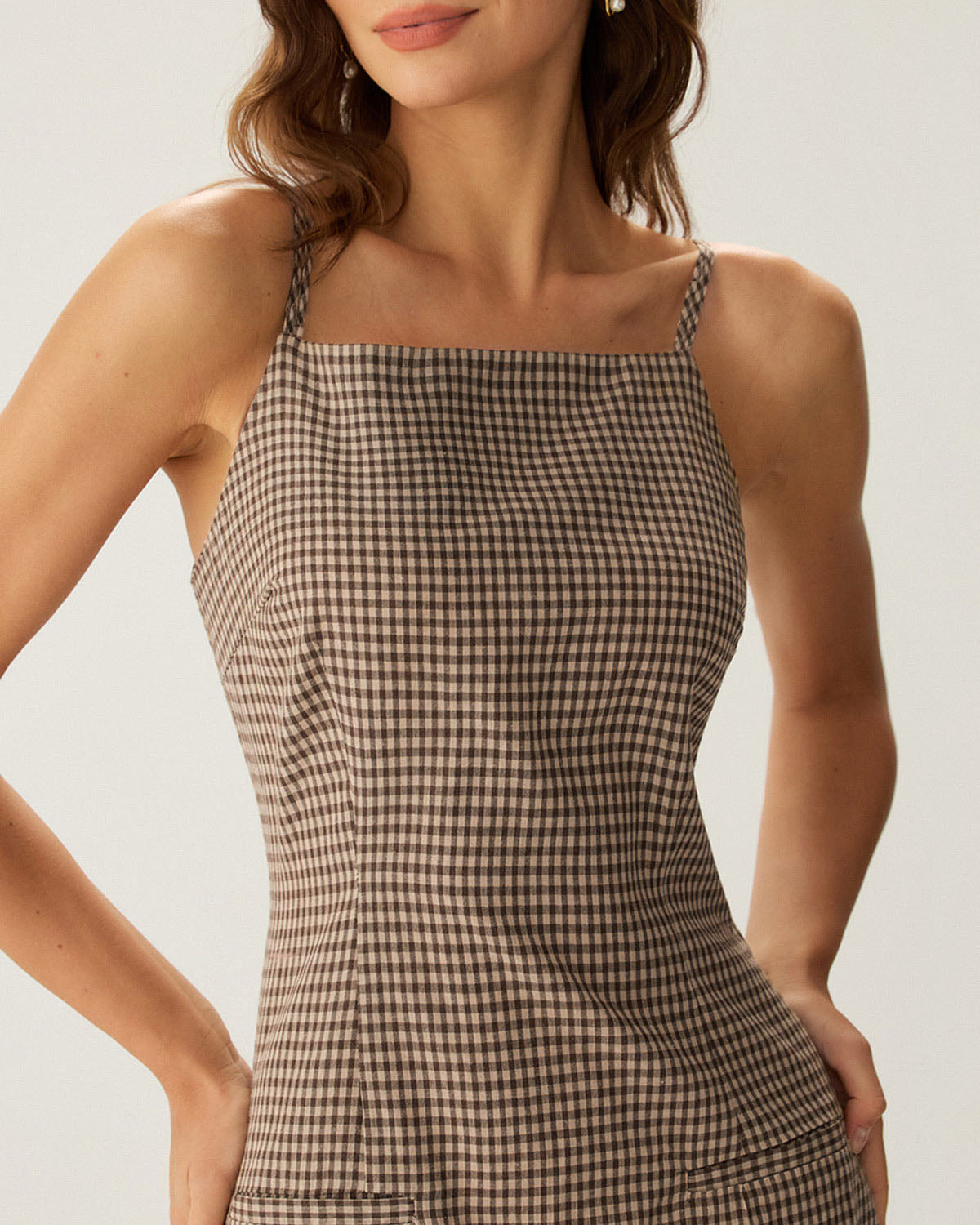 Shewess™ Kahverengi Ekose Slip Mini Elbise