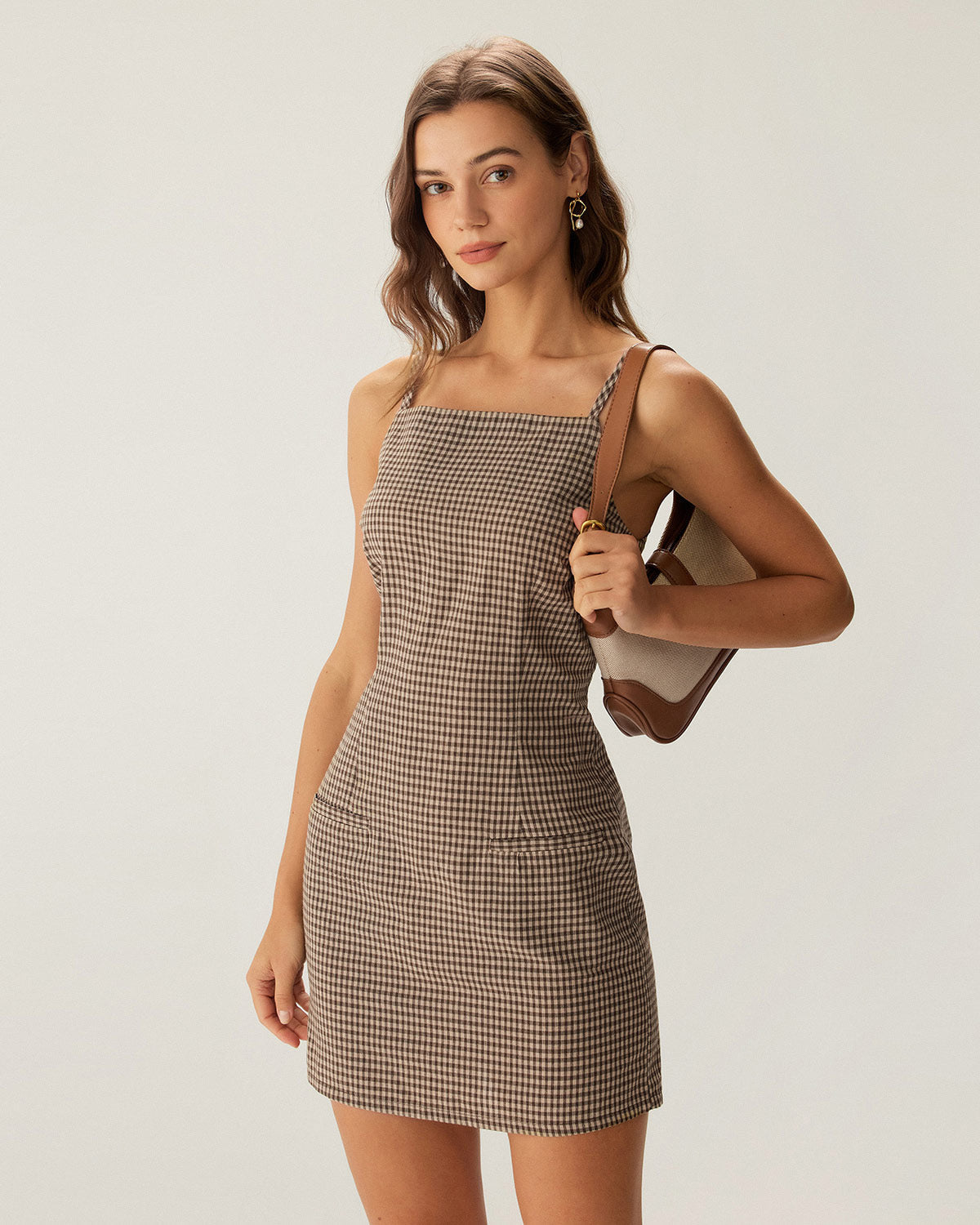 Shewess™ Kahverengi Ekose Slip Mini Elbise