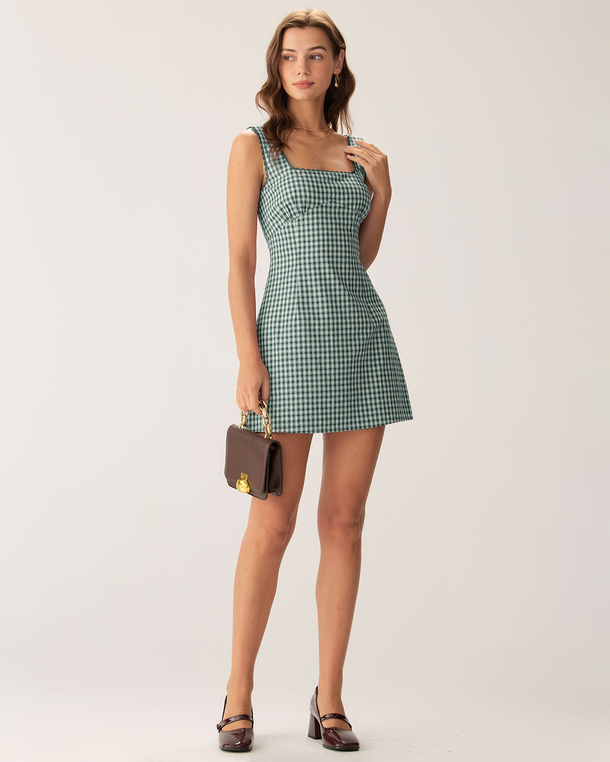Shewess Yeşil Ekose Kare Yaka Slip Mini Elbise