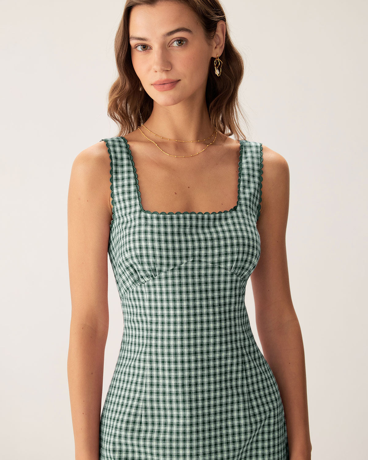 Shewess Yeşil Ekose Kare Yaka Slip Mini Elbise