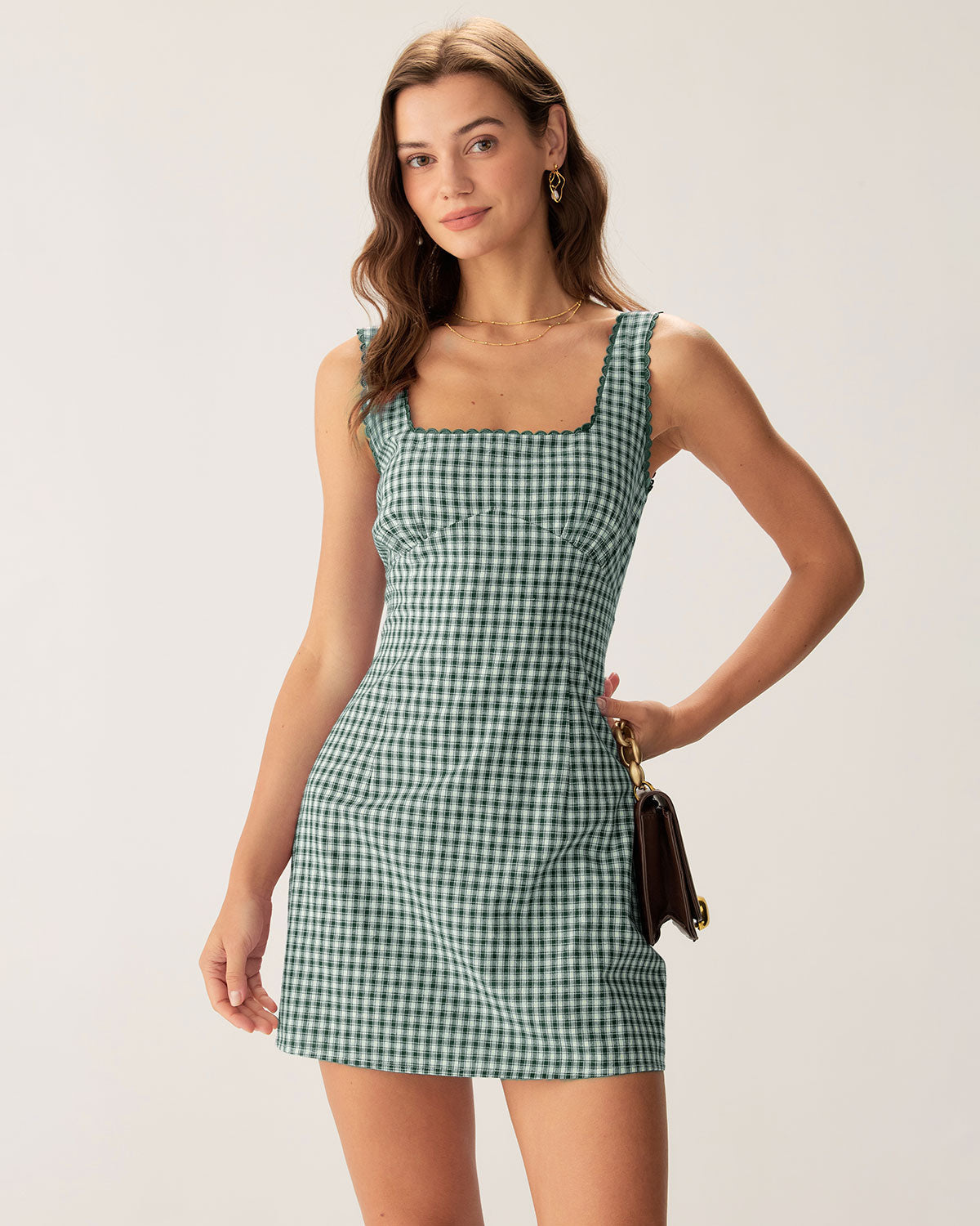 Shewess Yeşil Ekose Kare Yaka Slip Mini Elbise