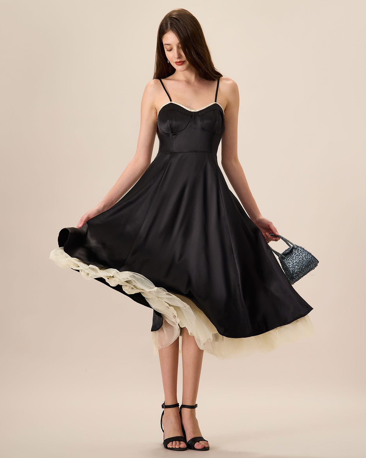 Shewess™ Kadın Siyah Ekleme Saten Slip Midi Elbise