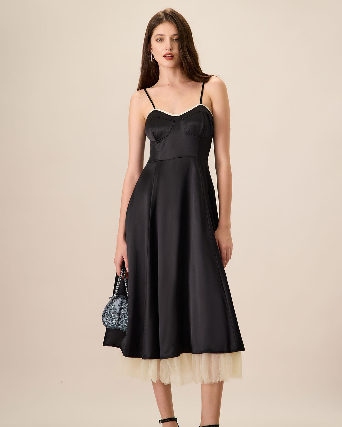 Shewess™ Kadın Siyah Ekleme Saten Slip Midi Elbise