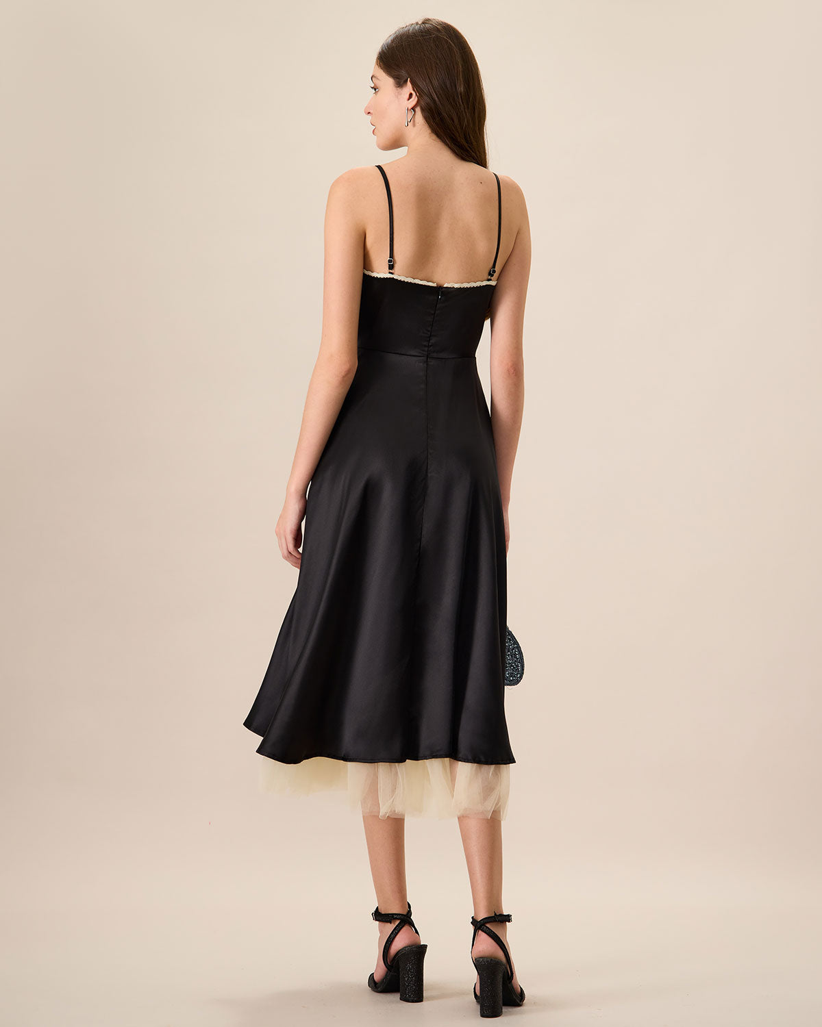Shewess™ Kadın Siyah Ekleme Saten Slip Midi Elbise