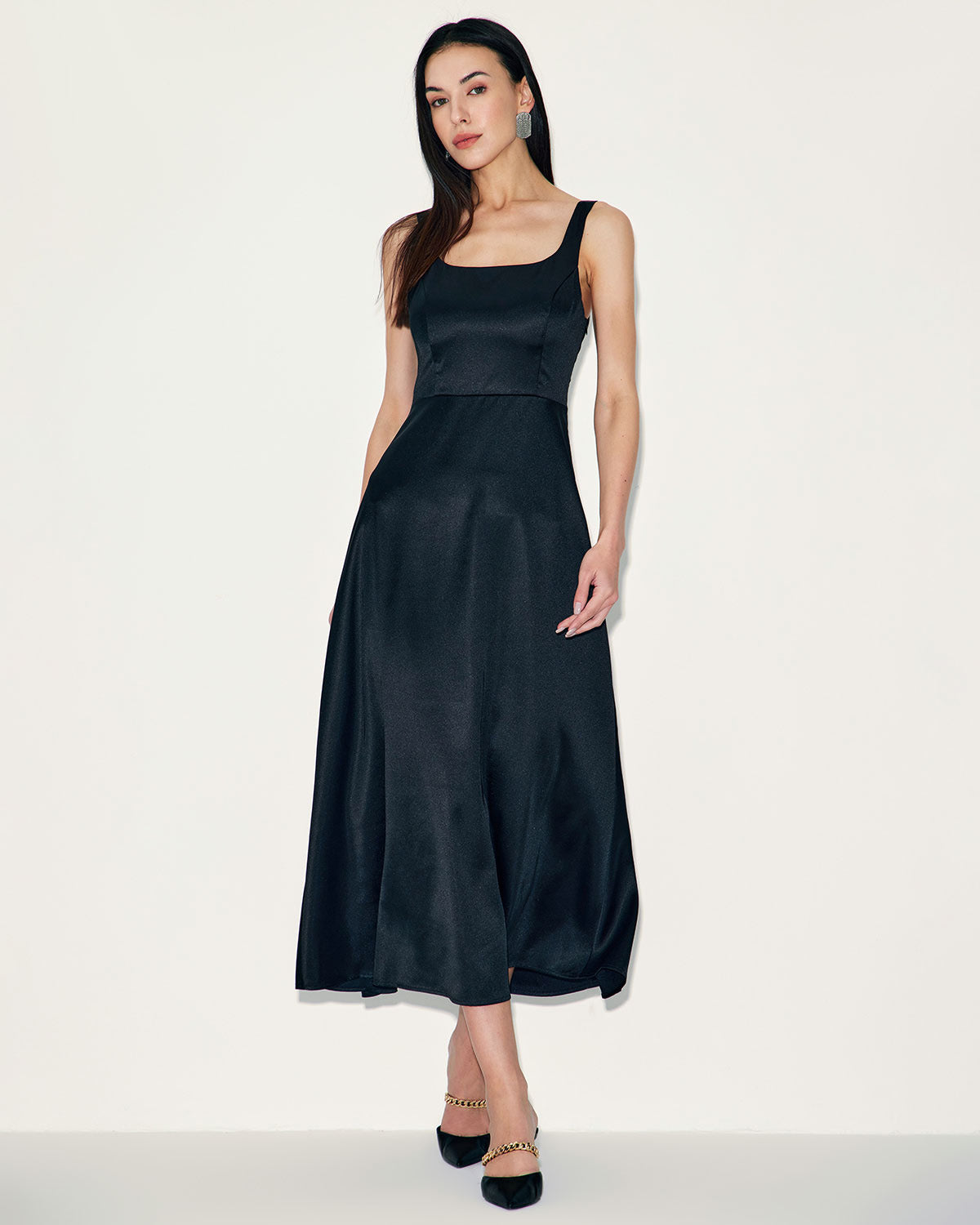 Shewess Siyah Saten A Kesim Slip Maxi Elbise