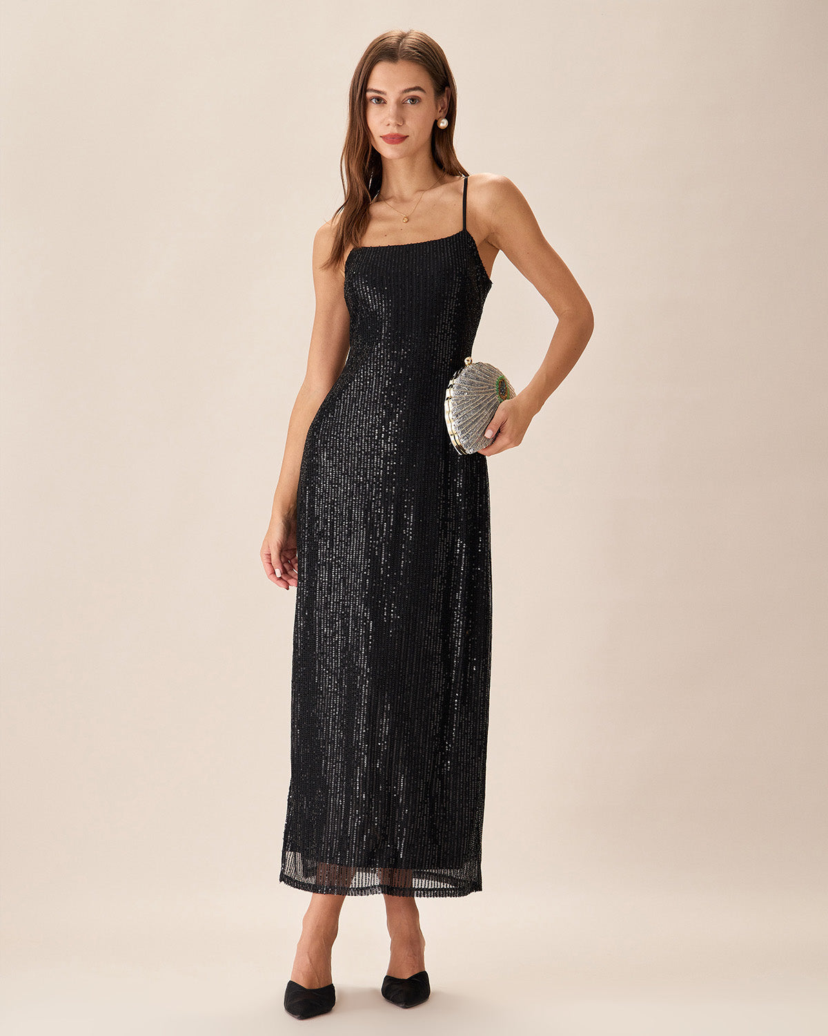 Shewess Siyah Payet Bodycon Yırtmaçlı Maxi Elbise