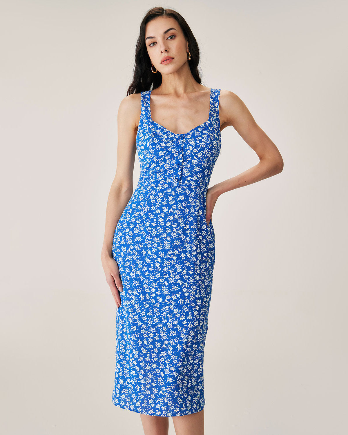 Shewess™ Mavi Çiçekli Yırtmaçlı Slip Midi Elbise