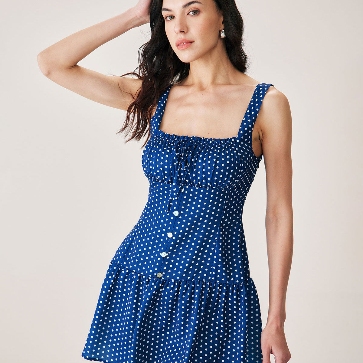 Shewess™ Mavi Puantiyeli Dantelli Slip Mini Elbise