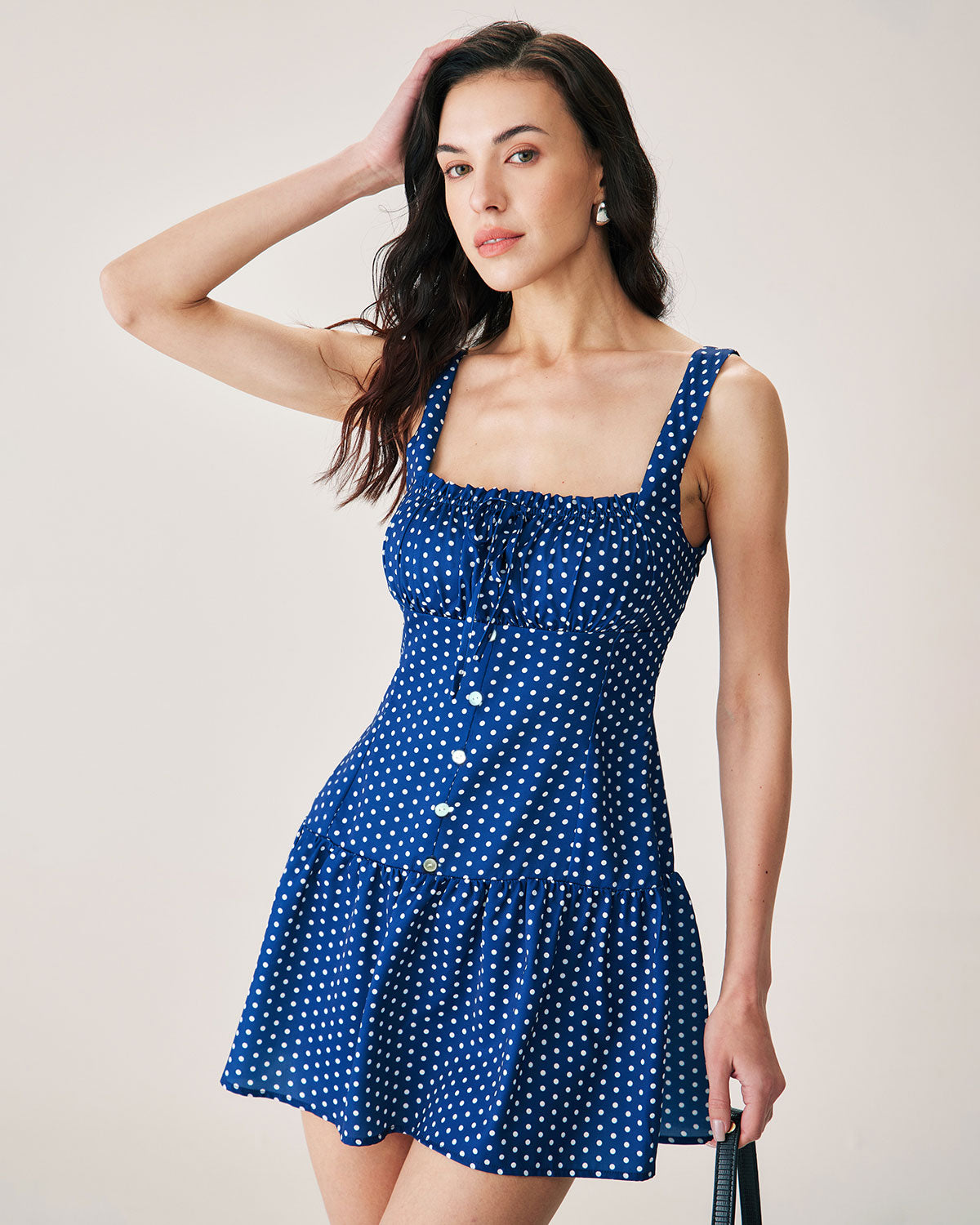 Shewess™ Mavi Puantiyeli Dantelli Slip Mini Elbise