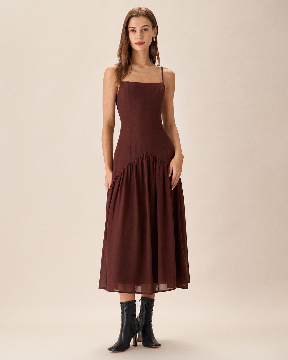 Shewess Kahverengi Şifon Dantelli Slip Midi Elbise
