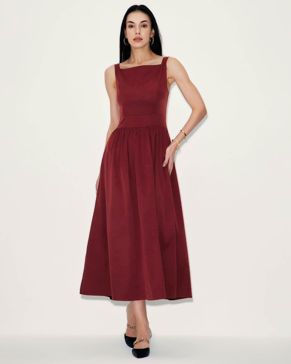 Shewess™ Şarap Kırmızı Saten Slip Maxi Elbise