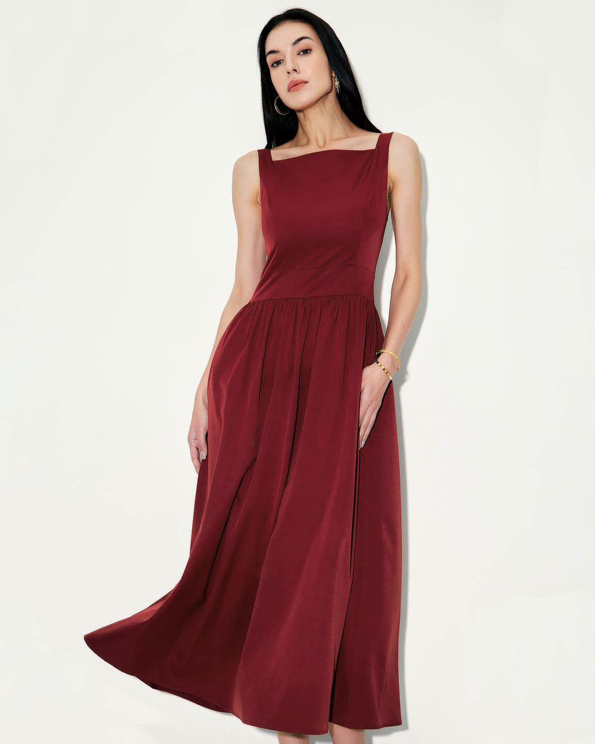 Shewess™ Şarap Kırmızı Saten Slip Maxi Elbise