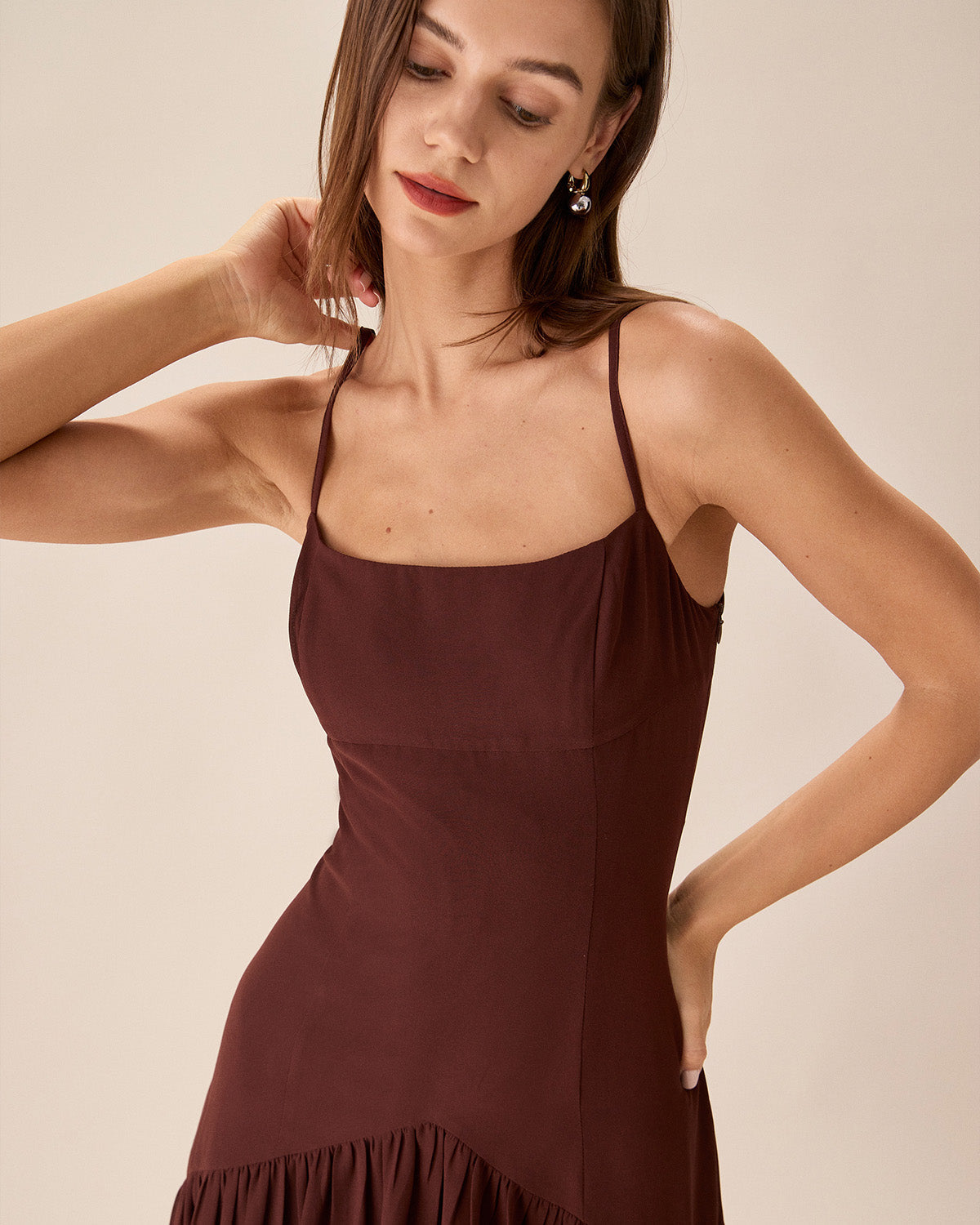 Shewess Kahverengi Şifon Dantelli Slip Midi Elbise