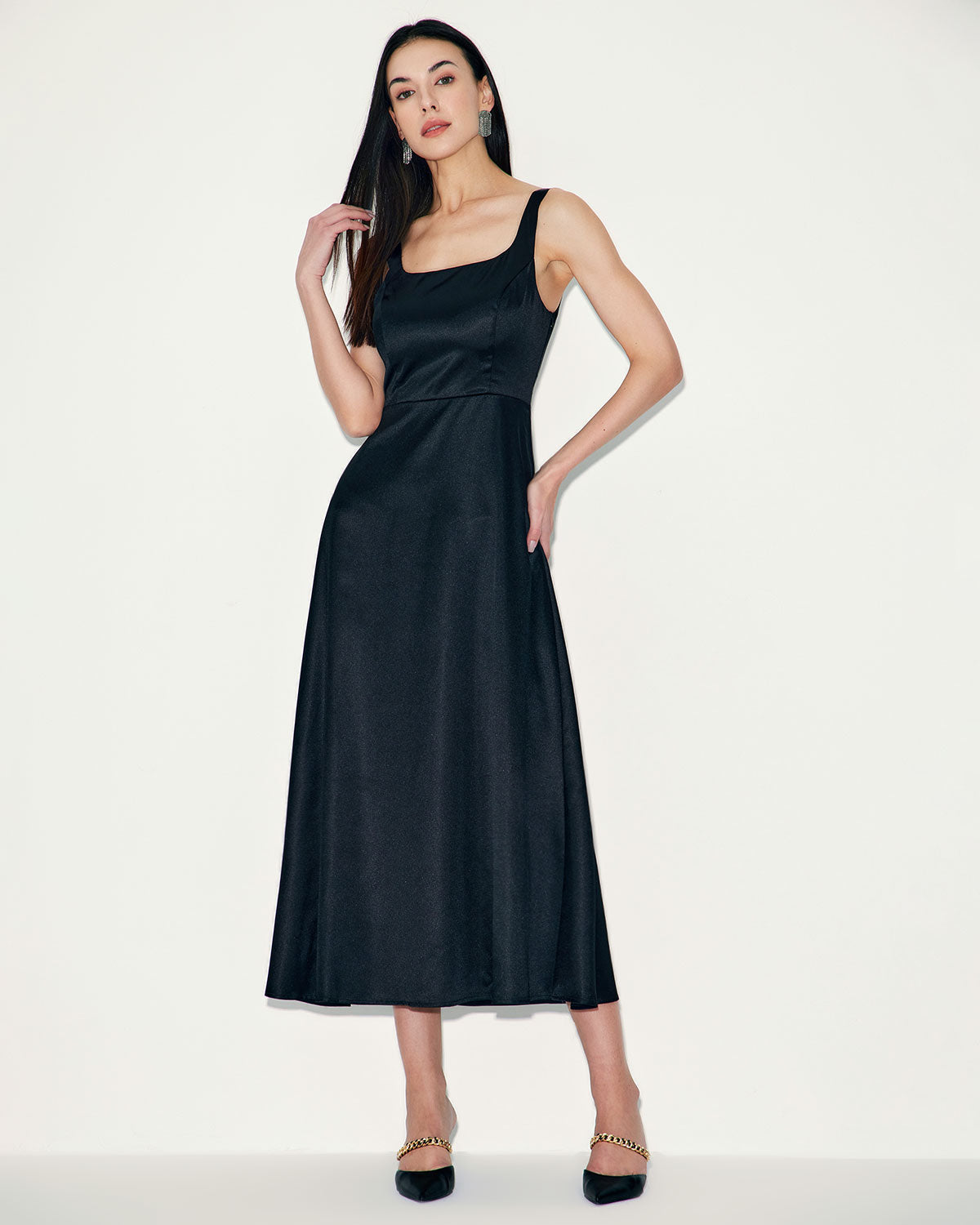 Shewess Siyah Saten A Kesim Slip Maxi Elbise