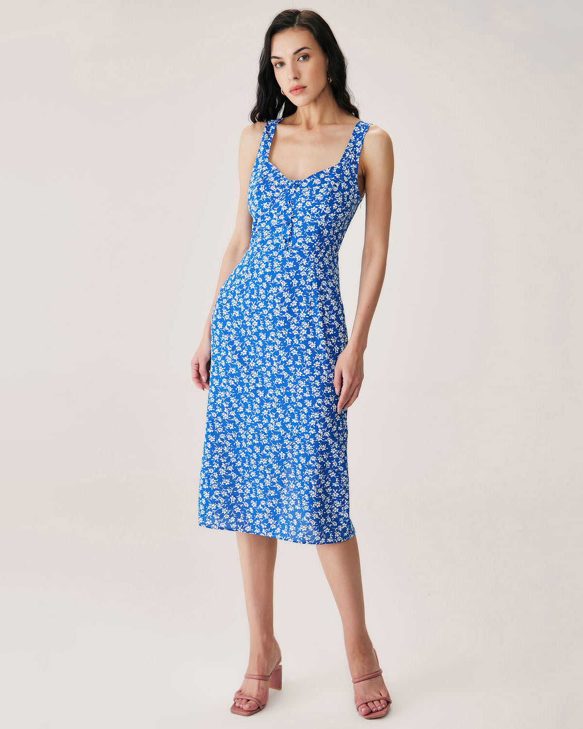 Shewess™ Mavi Çiçekli Yırtmaçlı Slip Midi Elbise